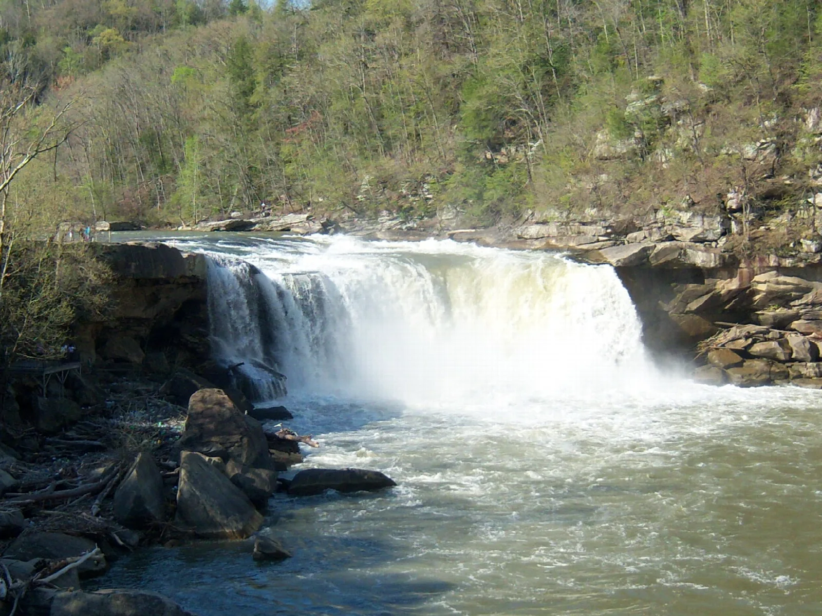 Wide waterfall dropping into a rocky river gorge with trees above