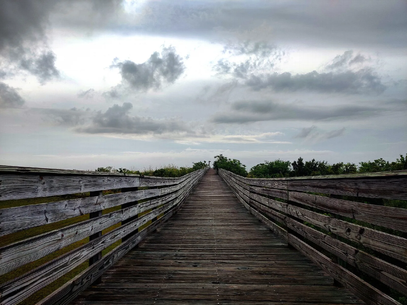 Long wooden boardwalk with railings leading toward distant trees under a gray cloudy sky