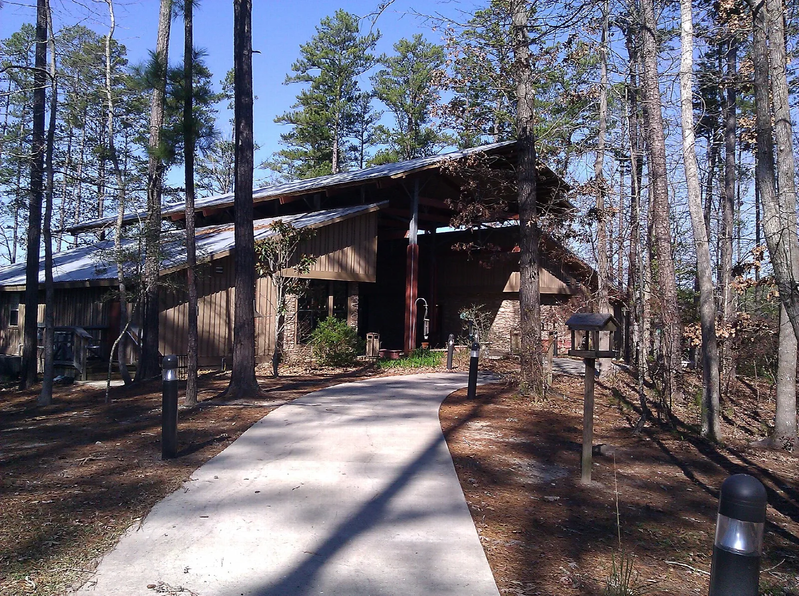 Wooden visitor center building among pines beside a concrete walkway