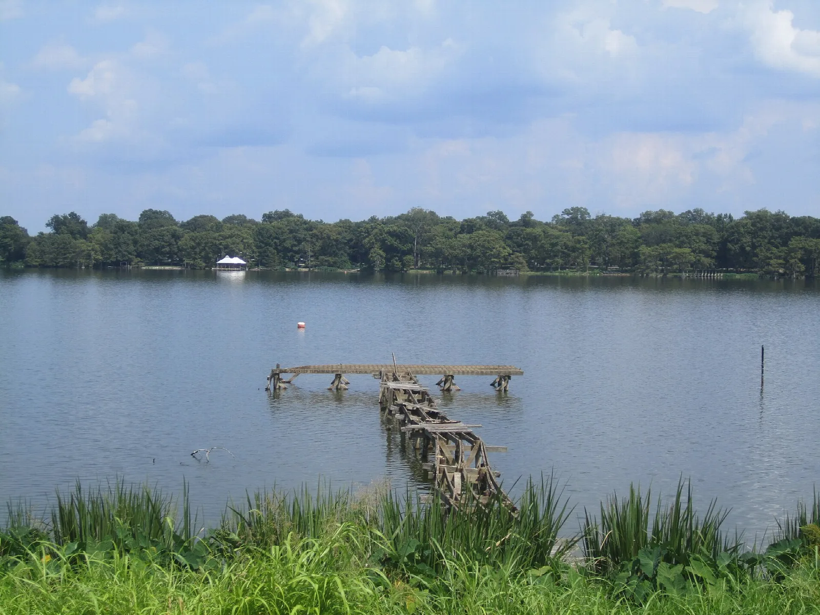 Old wooden pier reaching into a calm lake with trees along the far shore