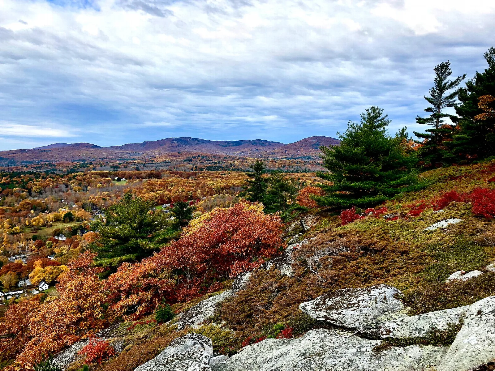 Rocky hilltop with red and orange autumn shrubs and spruce, ridges in the distance