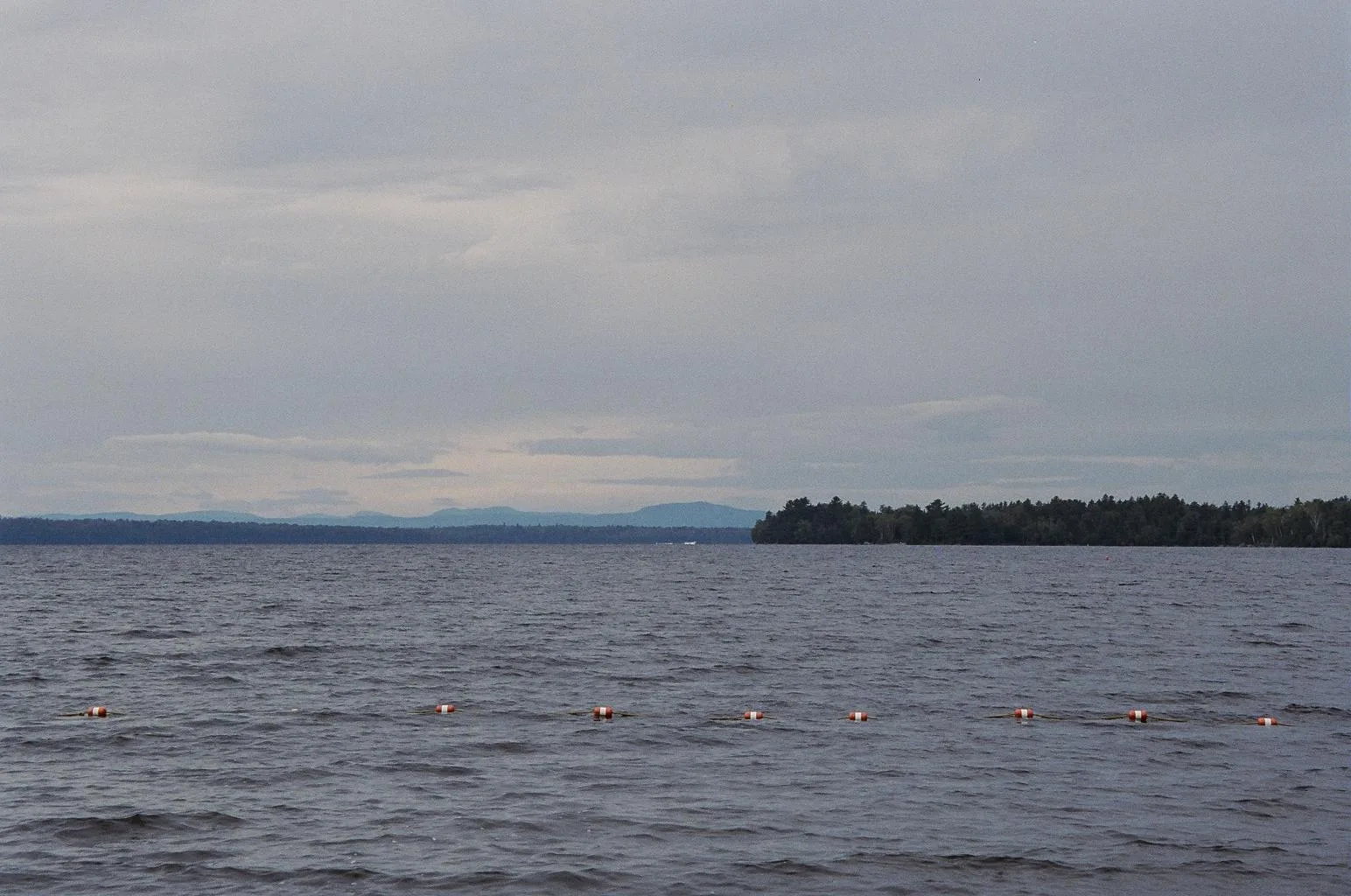 Gray lake water with a line of buoys and a low forested shore under cloudy sky