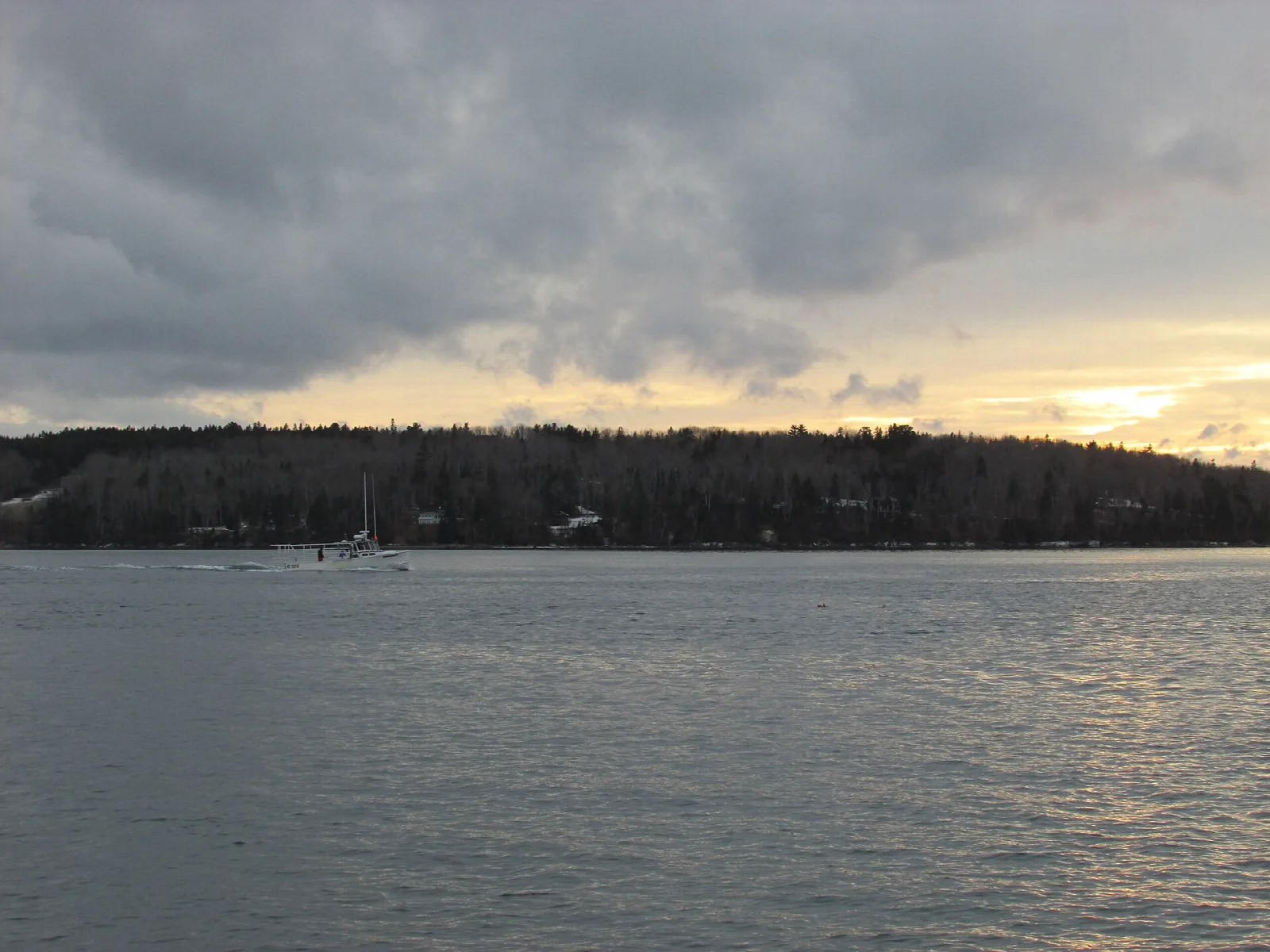 Calm gray bay with a forested shoreline and a glow of sunset on the horizon