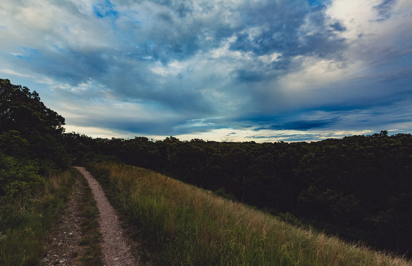 Dirt trail along a grassy ridge under a wide cloudy sky