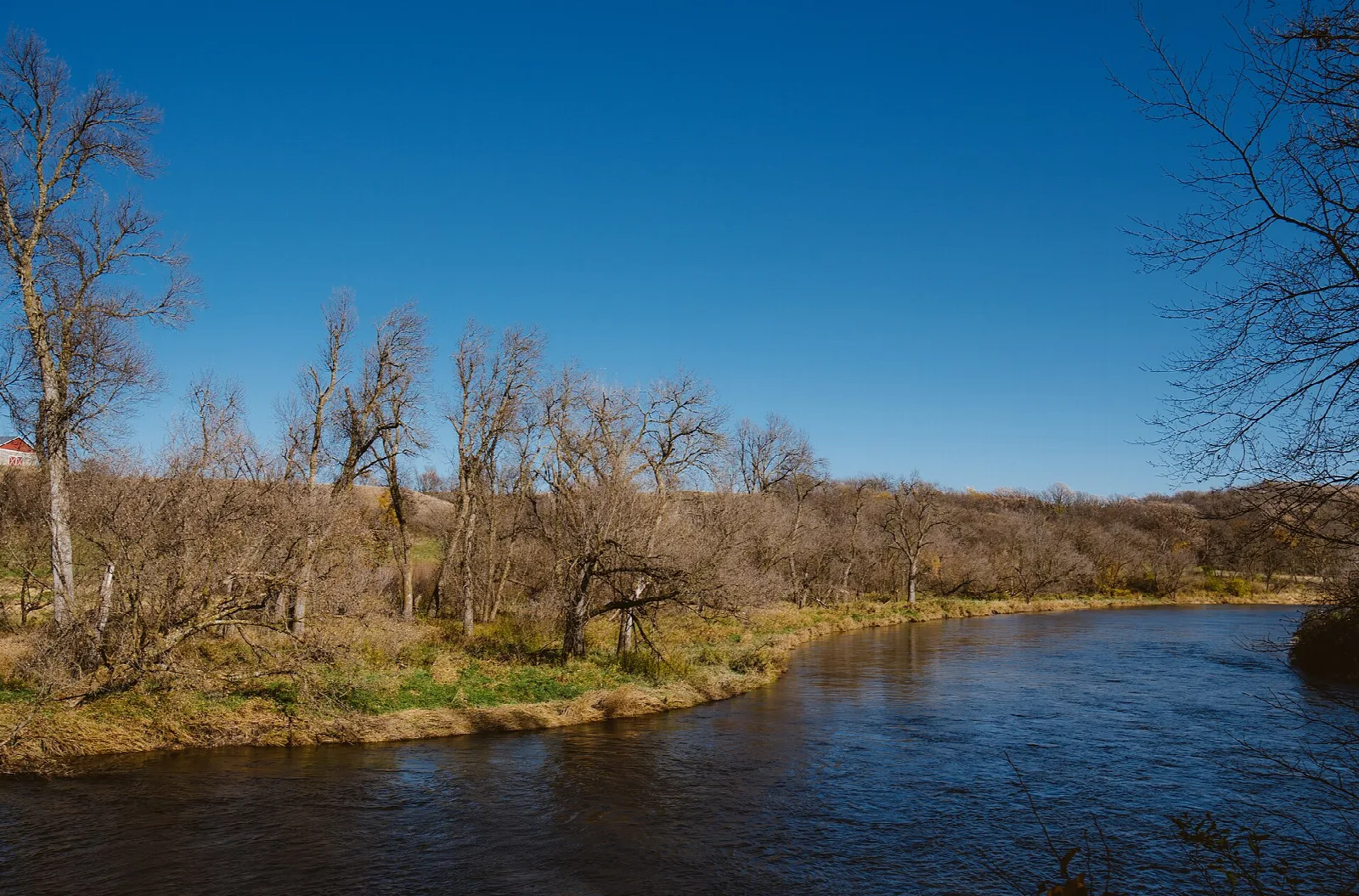 Slow river bending past grassy banks and bare trees under a blue sky