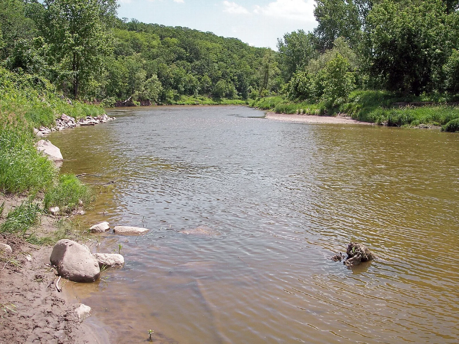 Wide brown river between rocky banks and green trees