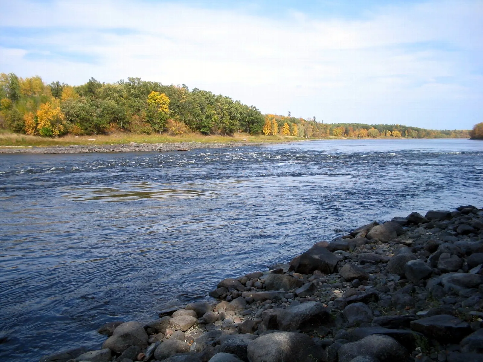 Blue river flowing past a rocky shore and a tree-lined far bank