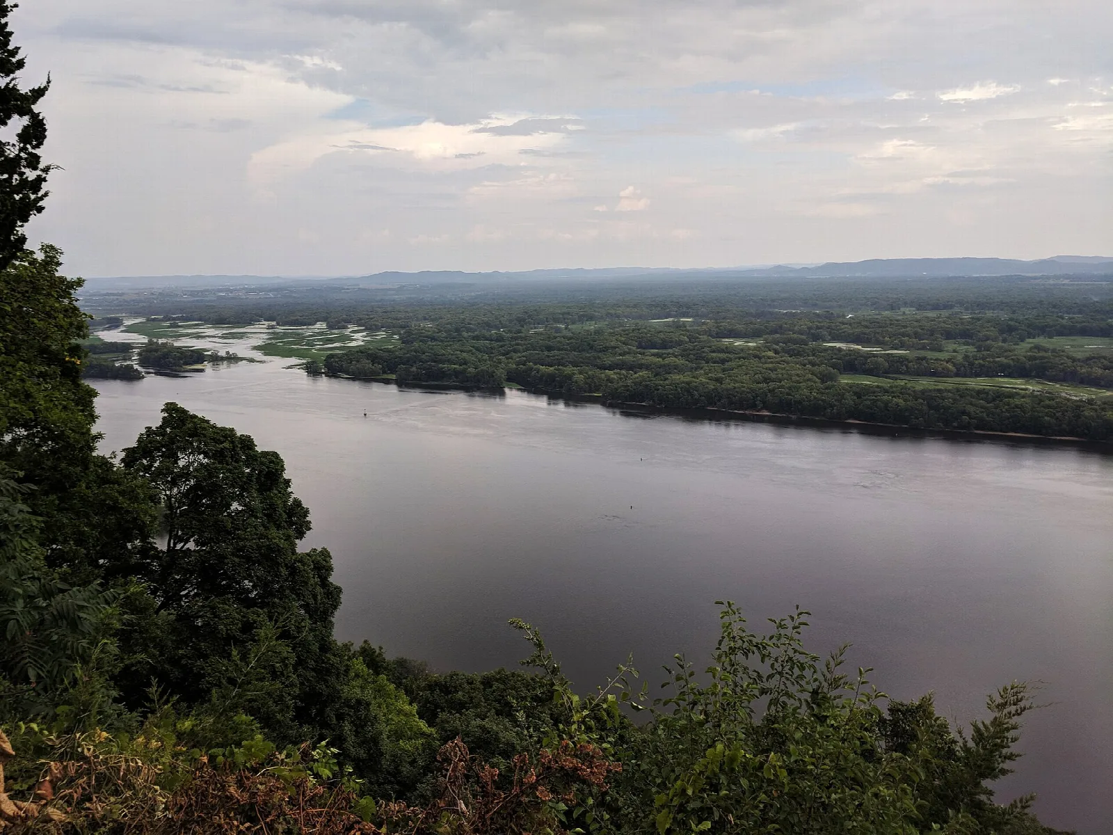 Wide river and wooded islands seen from a high overlook