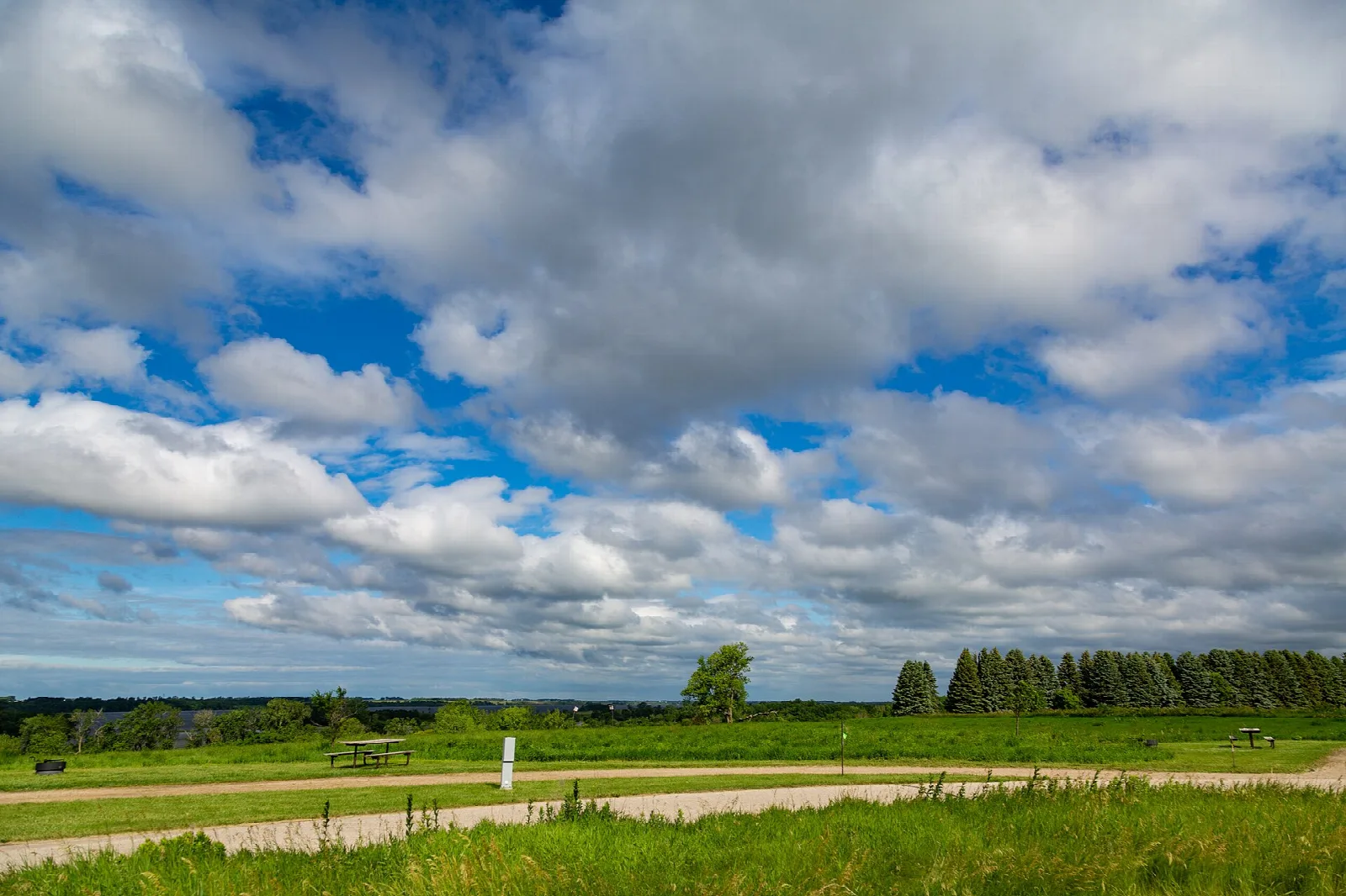 Grassy path and picnic area with a tree line on the horizon under a cloudy sky