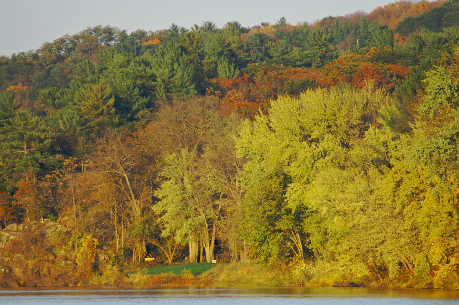 Yellow and orange autumn trees along a river
