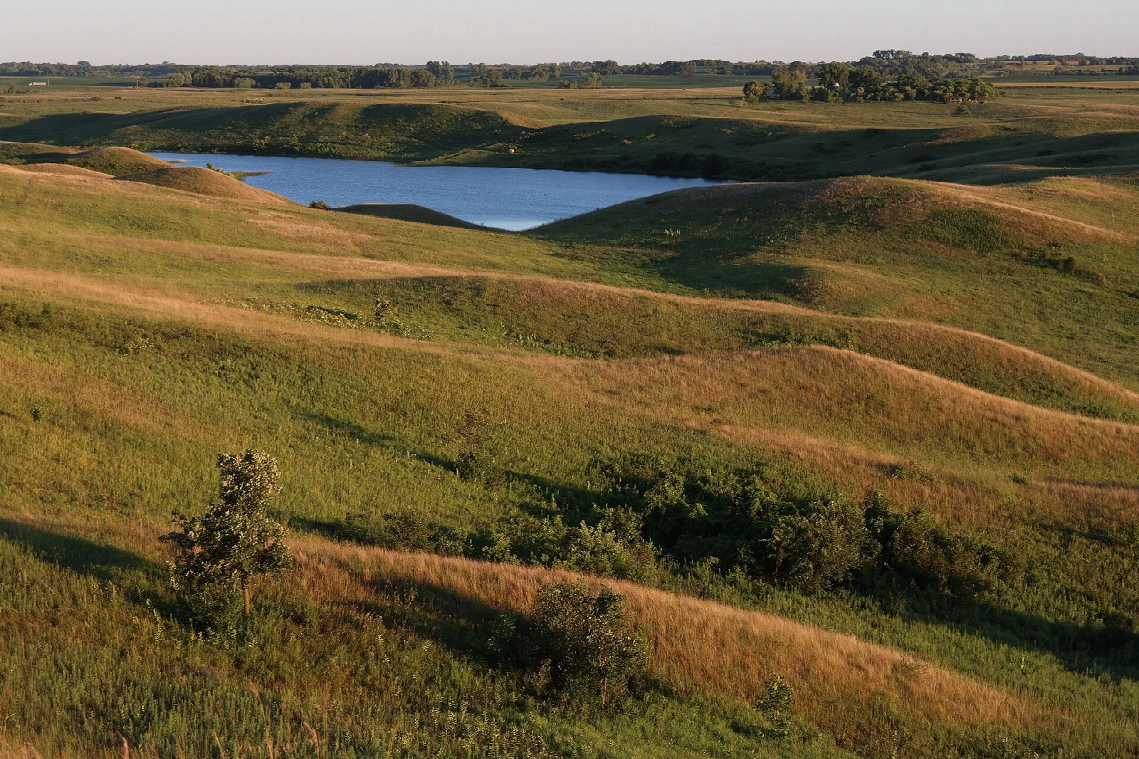 Rolling grass hills with a small lake in the distance at evening