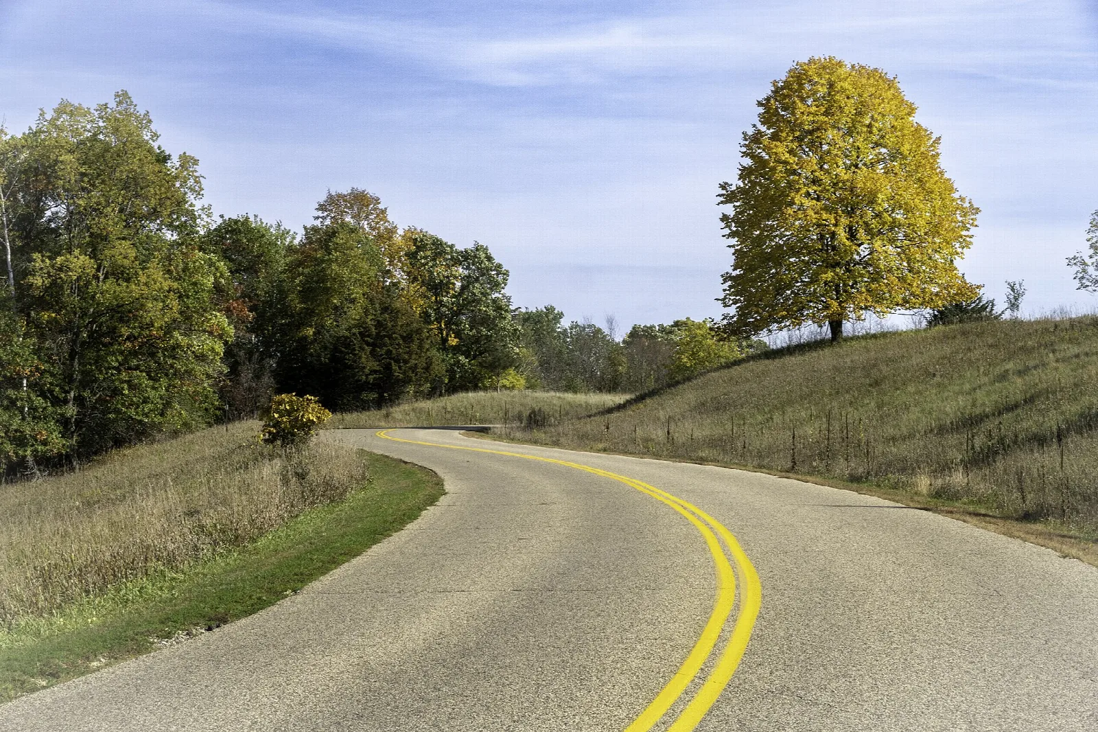 Curving paved road through grassy hills and trees