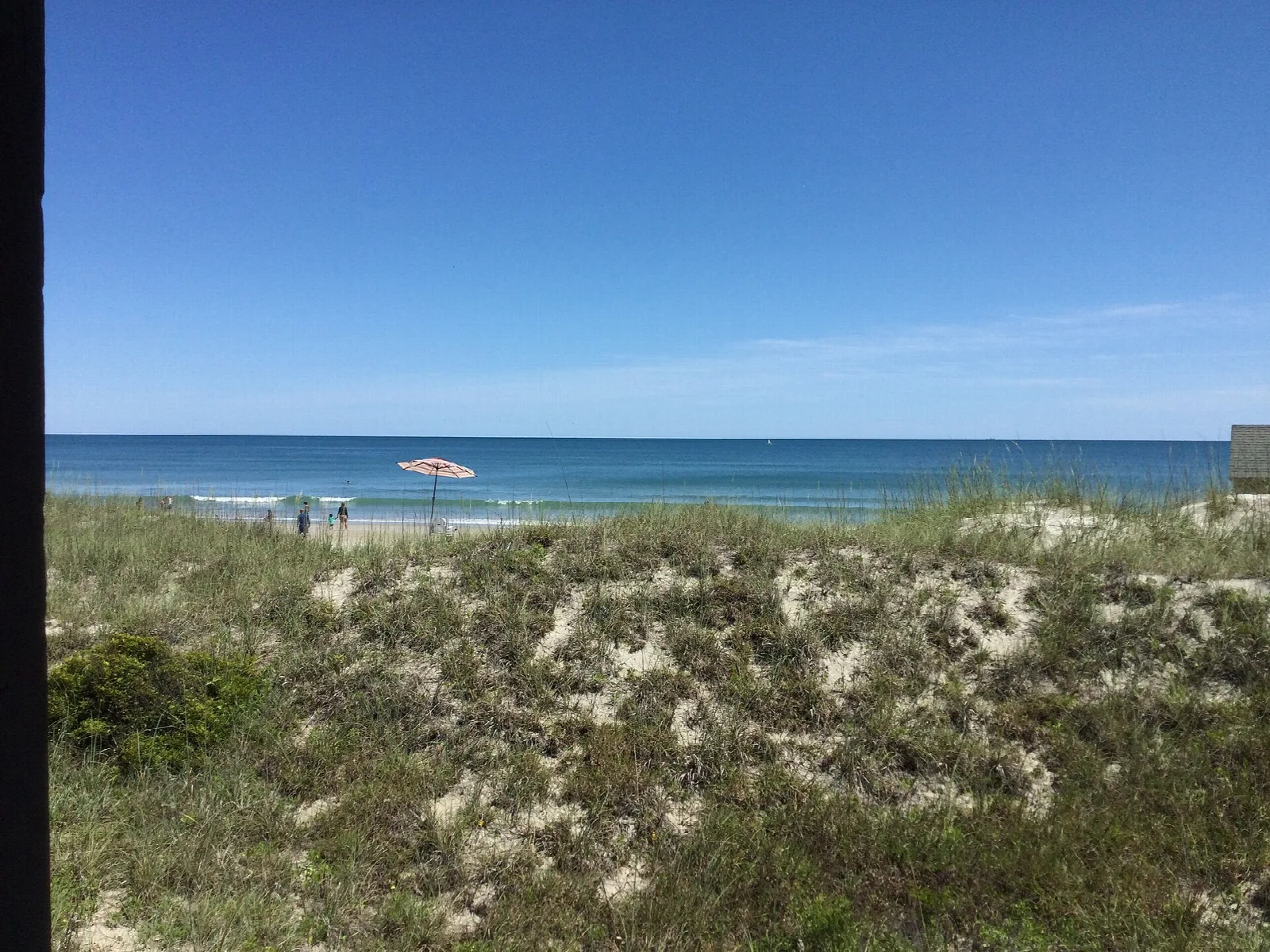 Grassy dune and ocean with a beach umbrella in the distance
