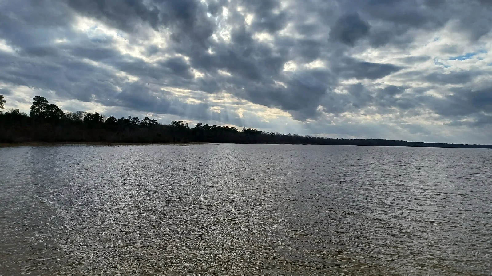 Broad lake under heavy clouds with a tree line on the far shore