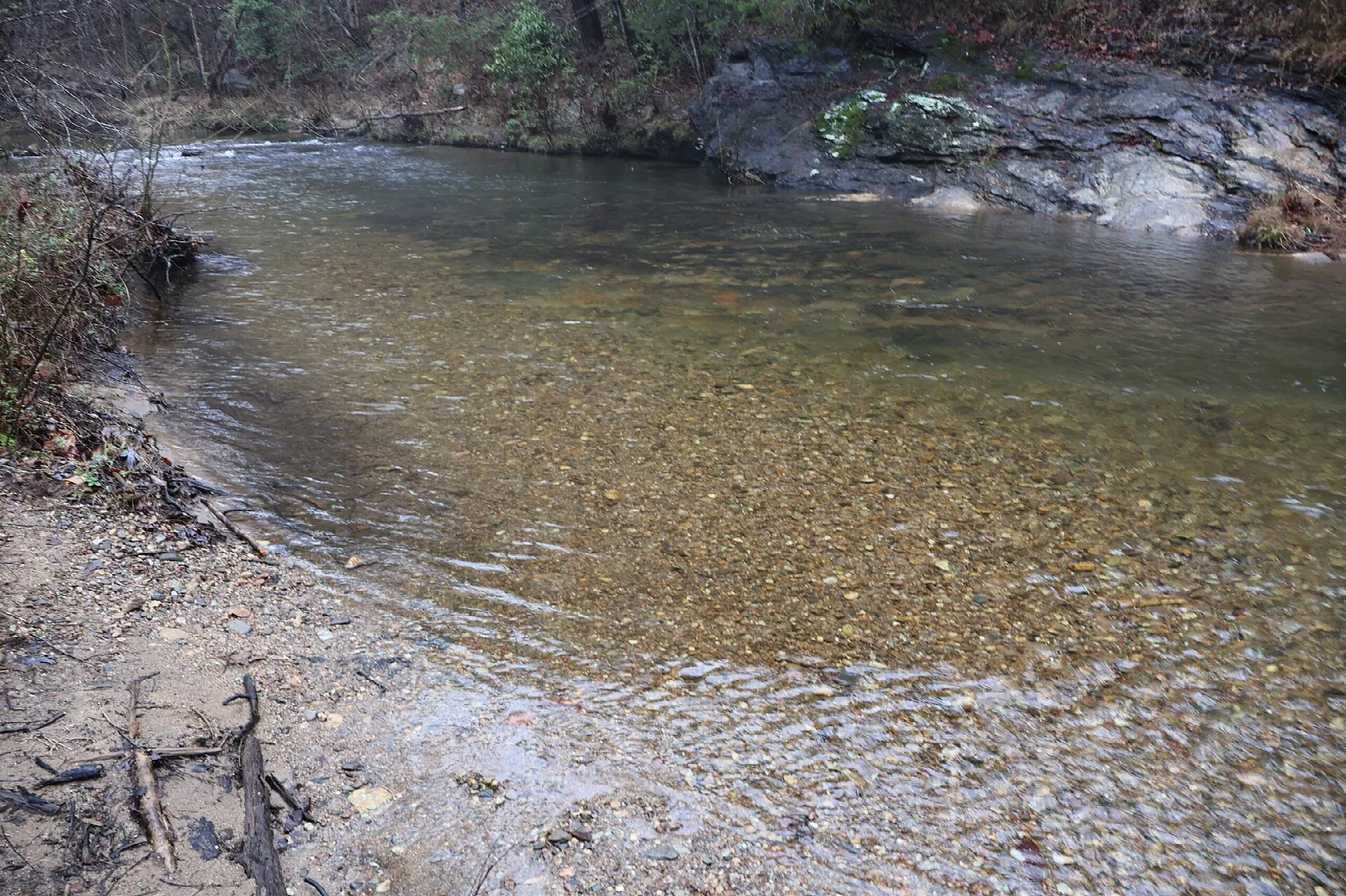 Shallow clear river with a pebbly bottom and rock ledge beyond