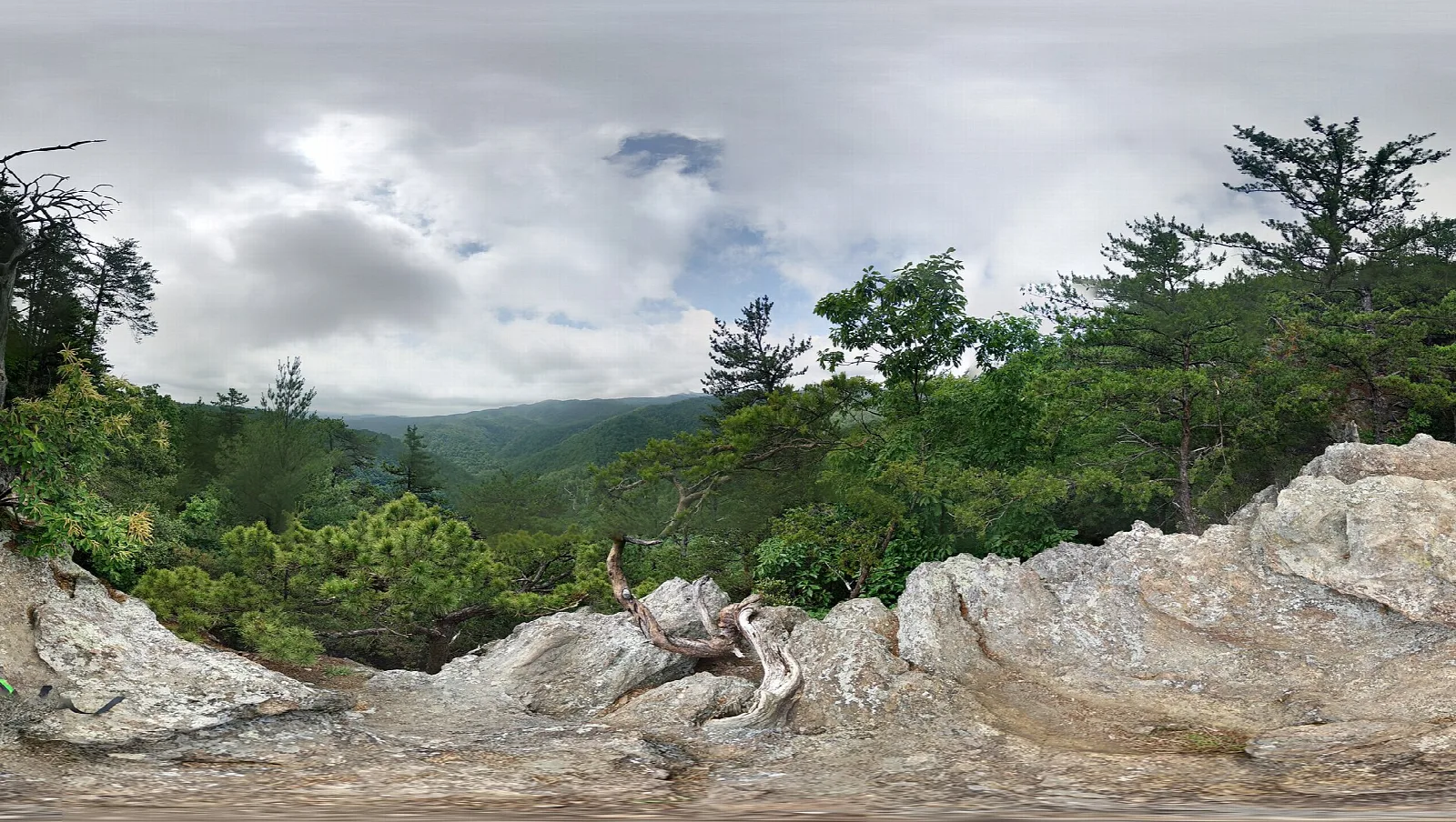 Rocky ledge above forested ridges under a cloudy sky
