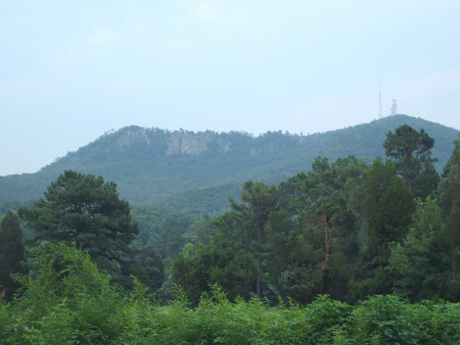 Forested mountain with a rocky cliff face and tower on the ridge