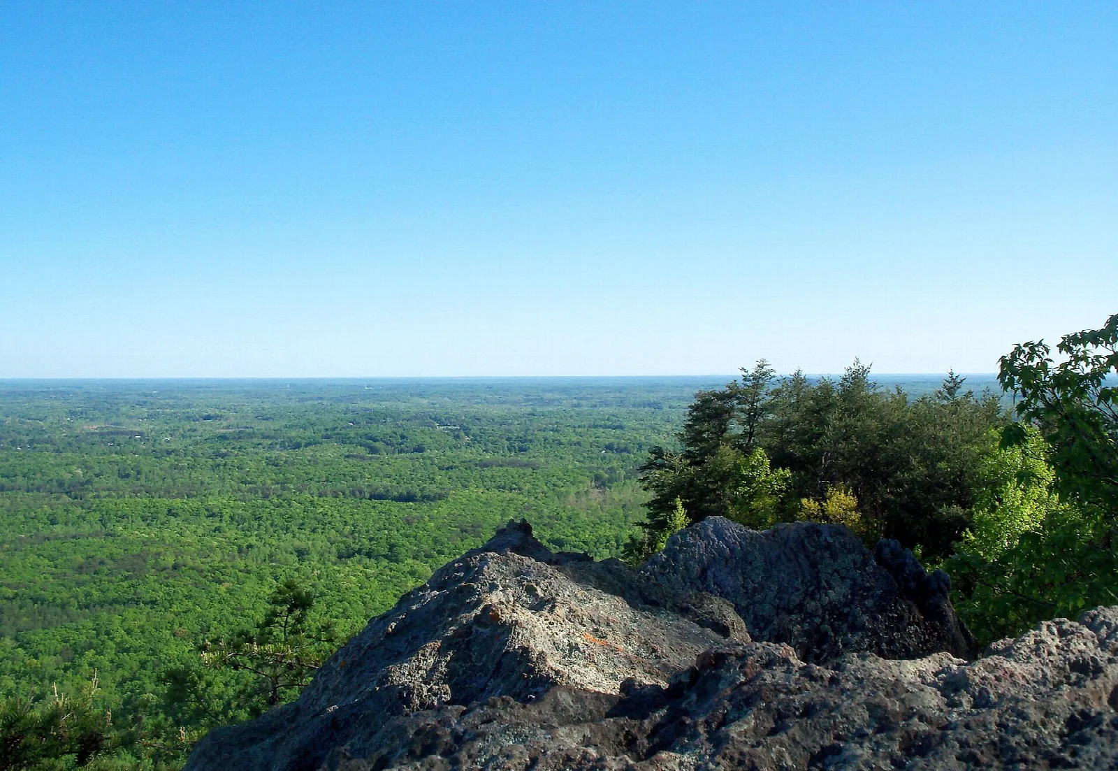 Rock outcrop above a wide green forested plain