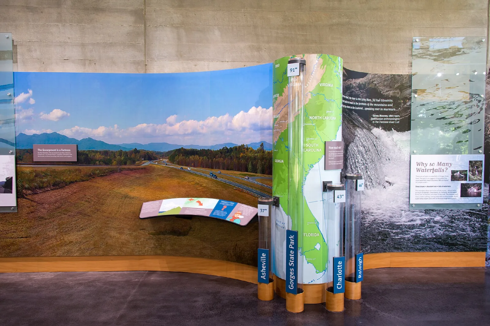 Indoor exhibit with a landscape mural and display panels about rainfall and science