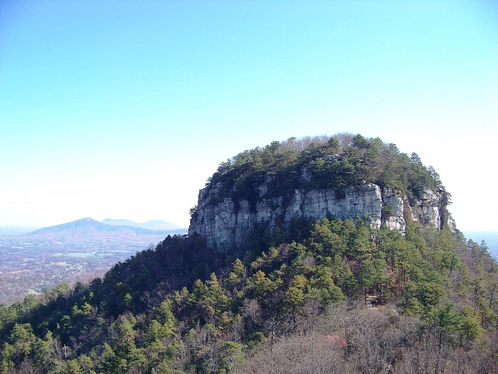 Rocky pinnacle topped with trees above a forested slope, blue sky behind