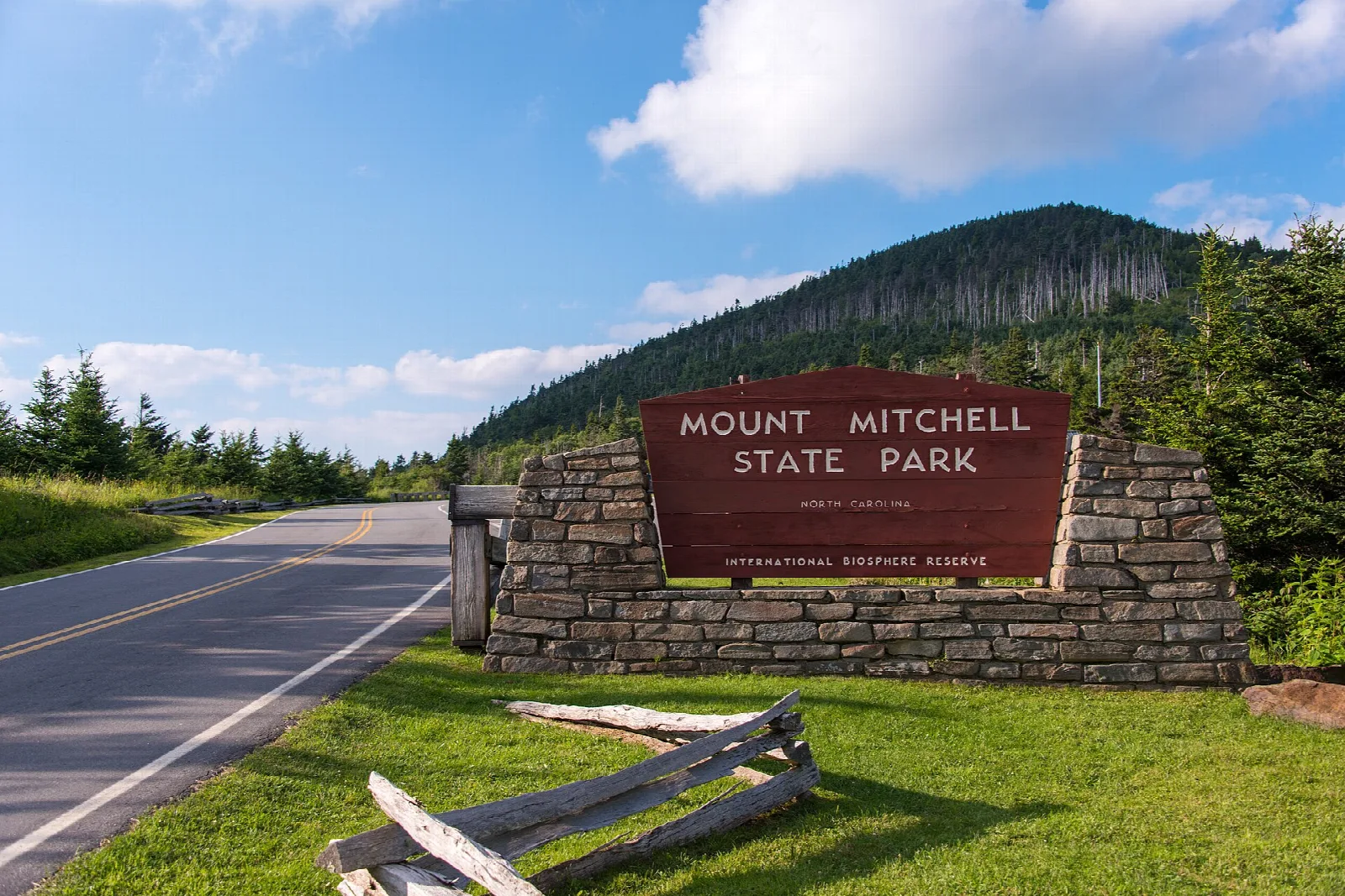 Brown park entrance sign on a stone wall beside the road, with a forested mountain behind