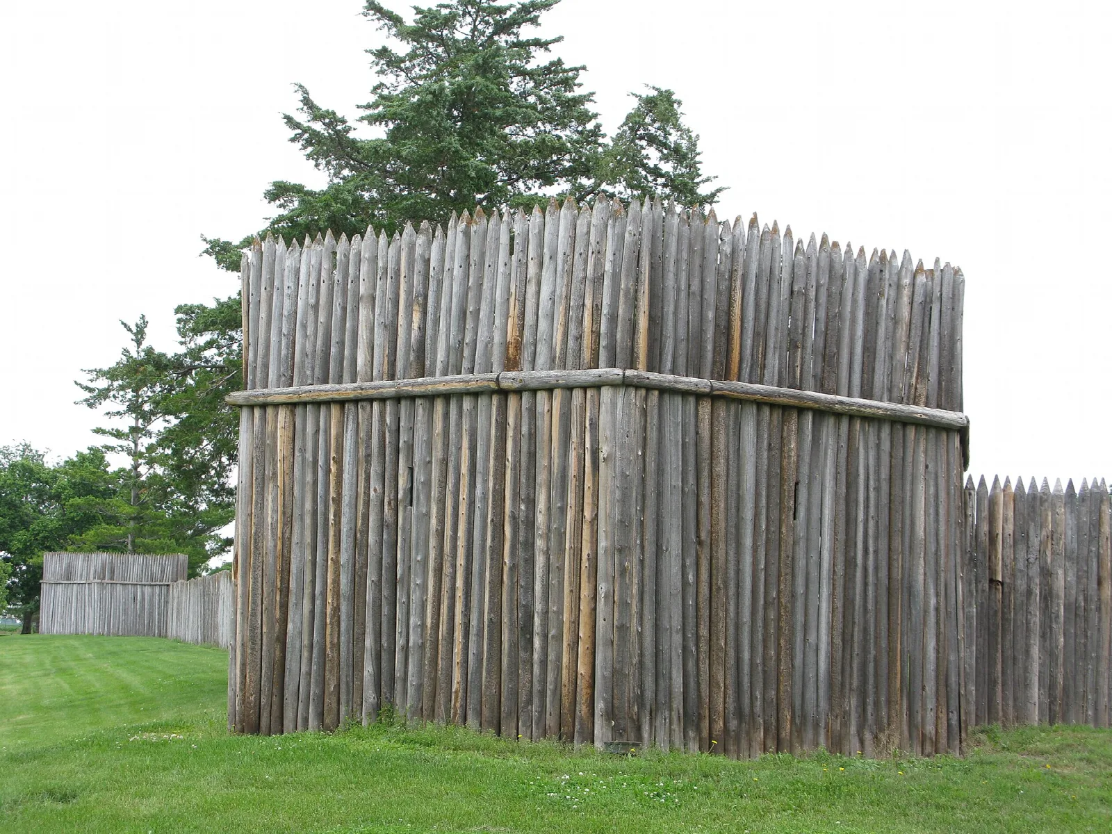 Tall wooden stockade wall made of upright logs beside a green lawn