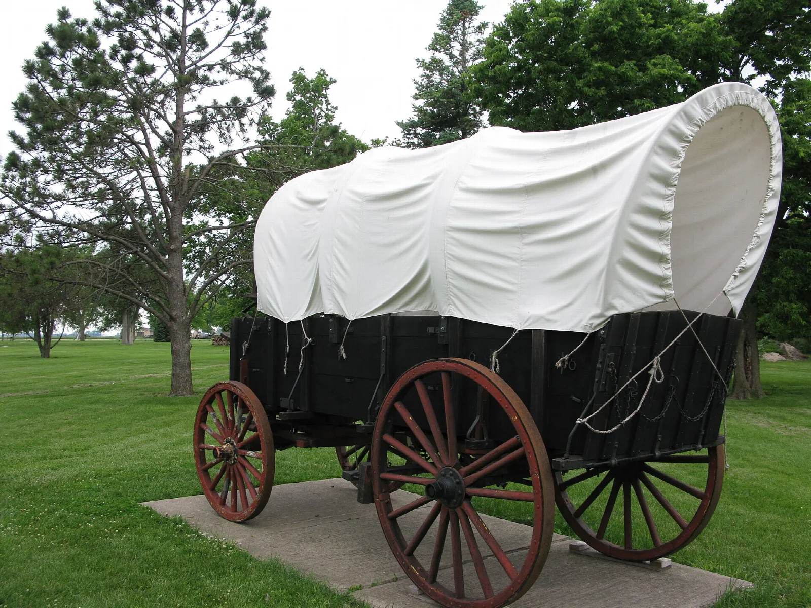 Covered wagon with white canvas cover on a concrete pad among trees