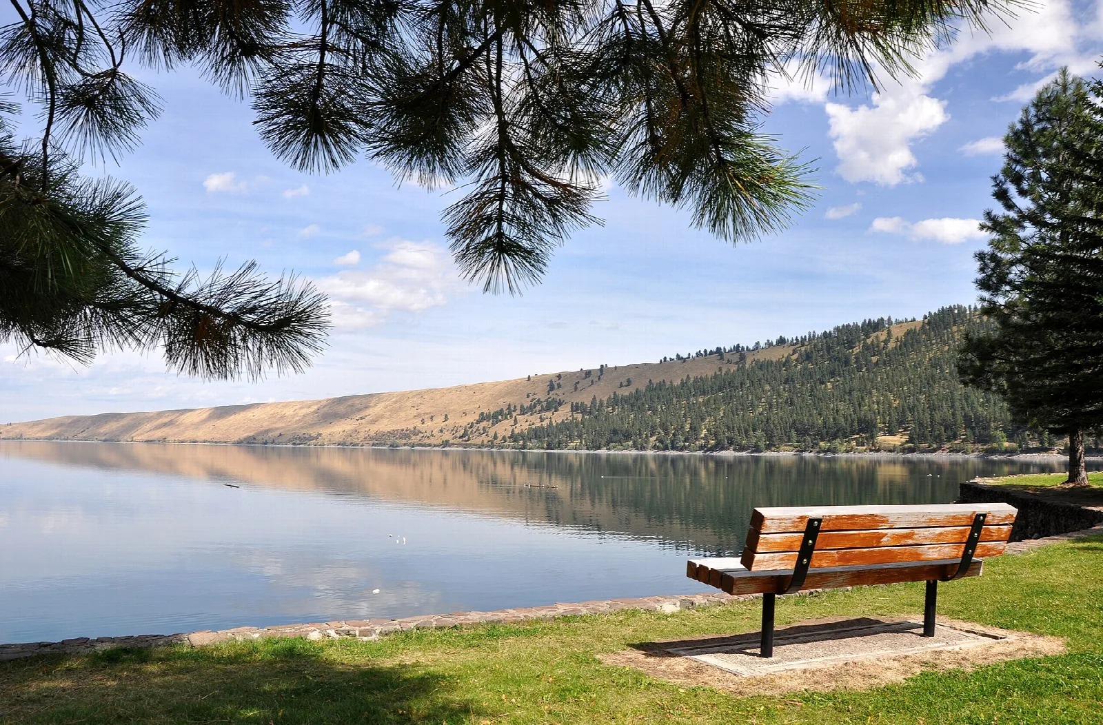 Calm lake with a wooden bench and a long sloping hillside across the water