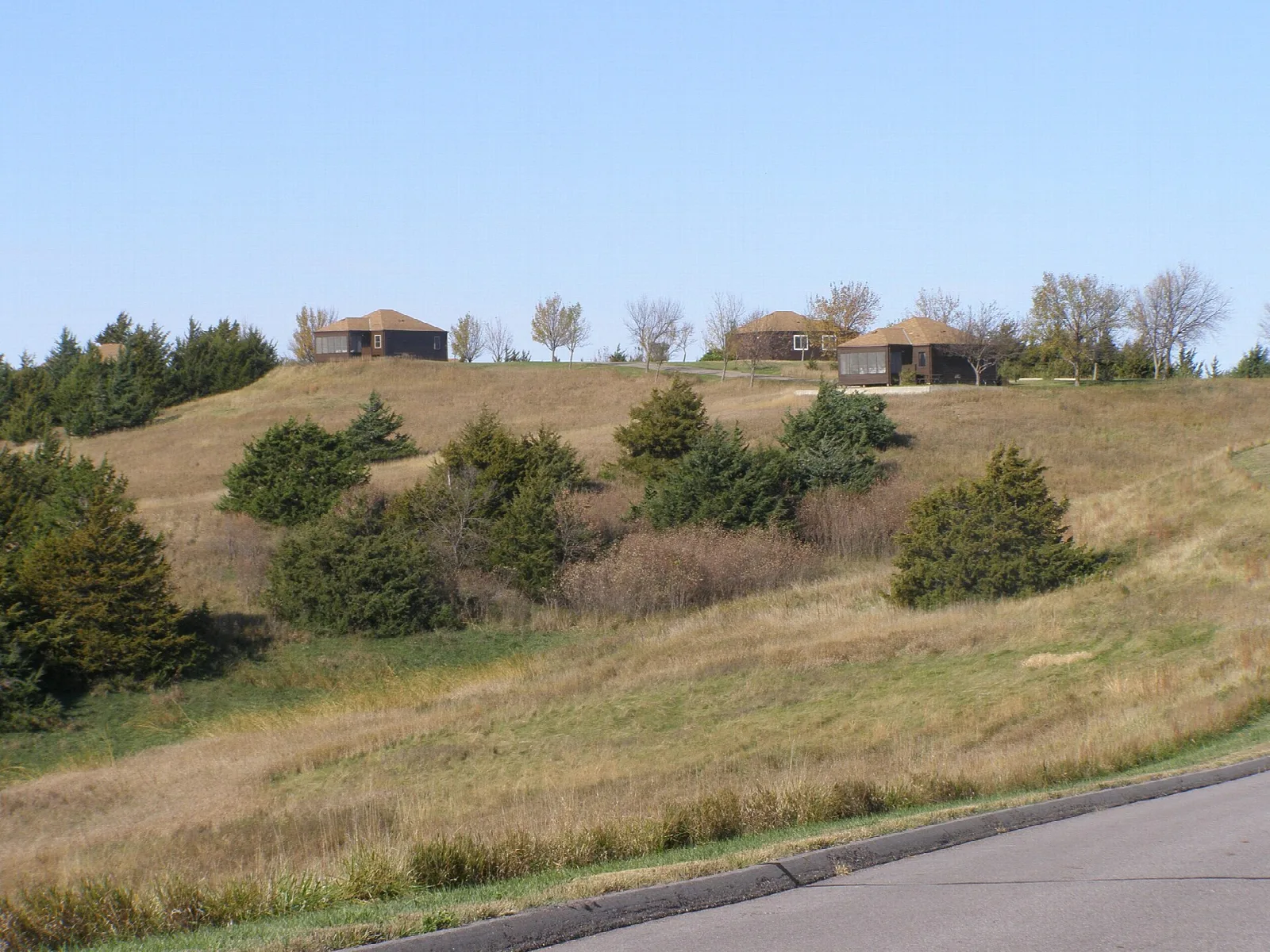 Cabins on a grassy hillside above a paved road