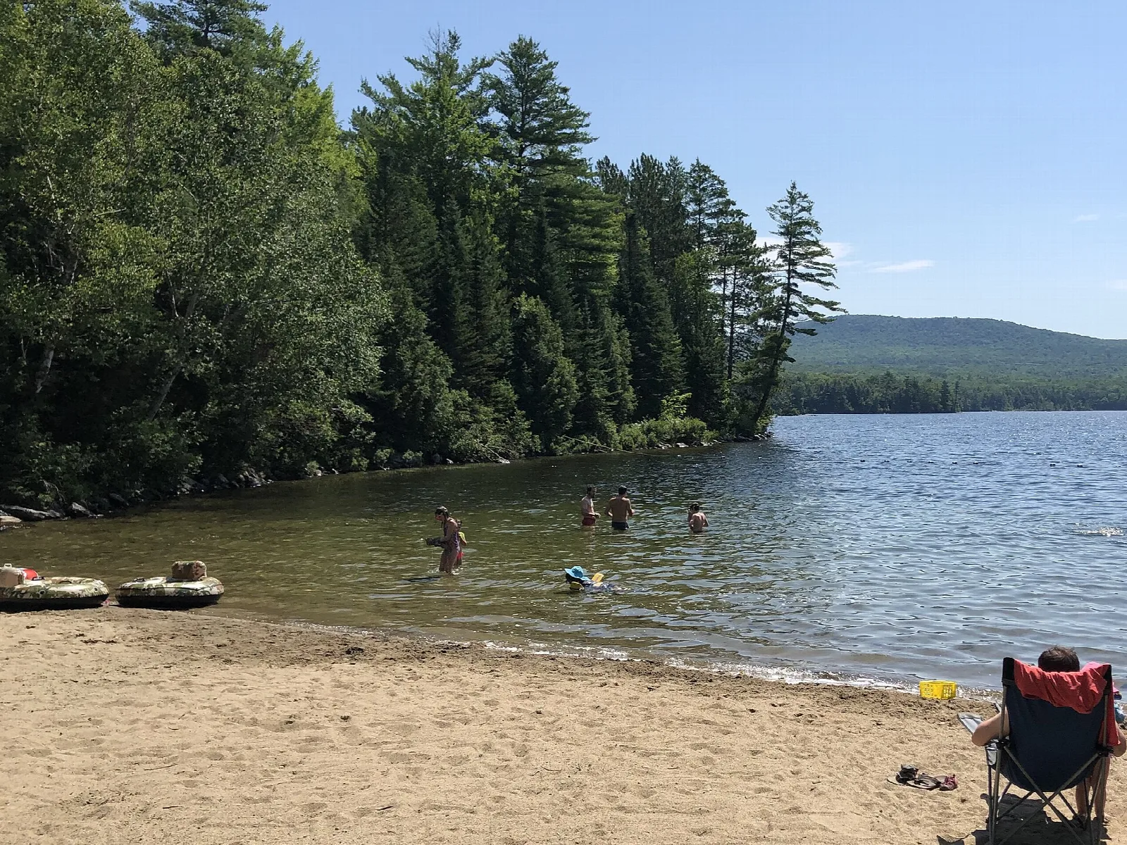 Sandy lake beach with people wading and pine trees along the shore