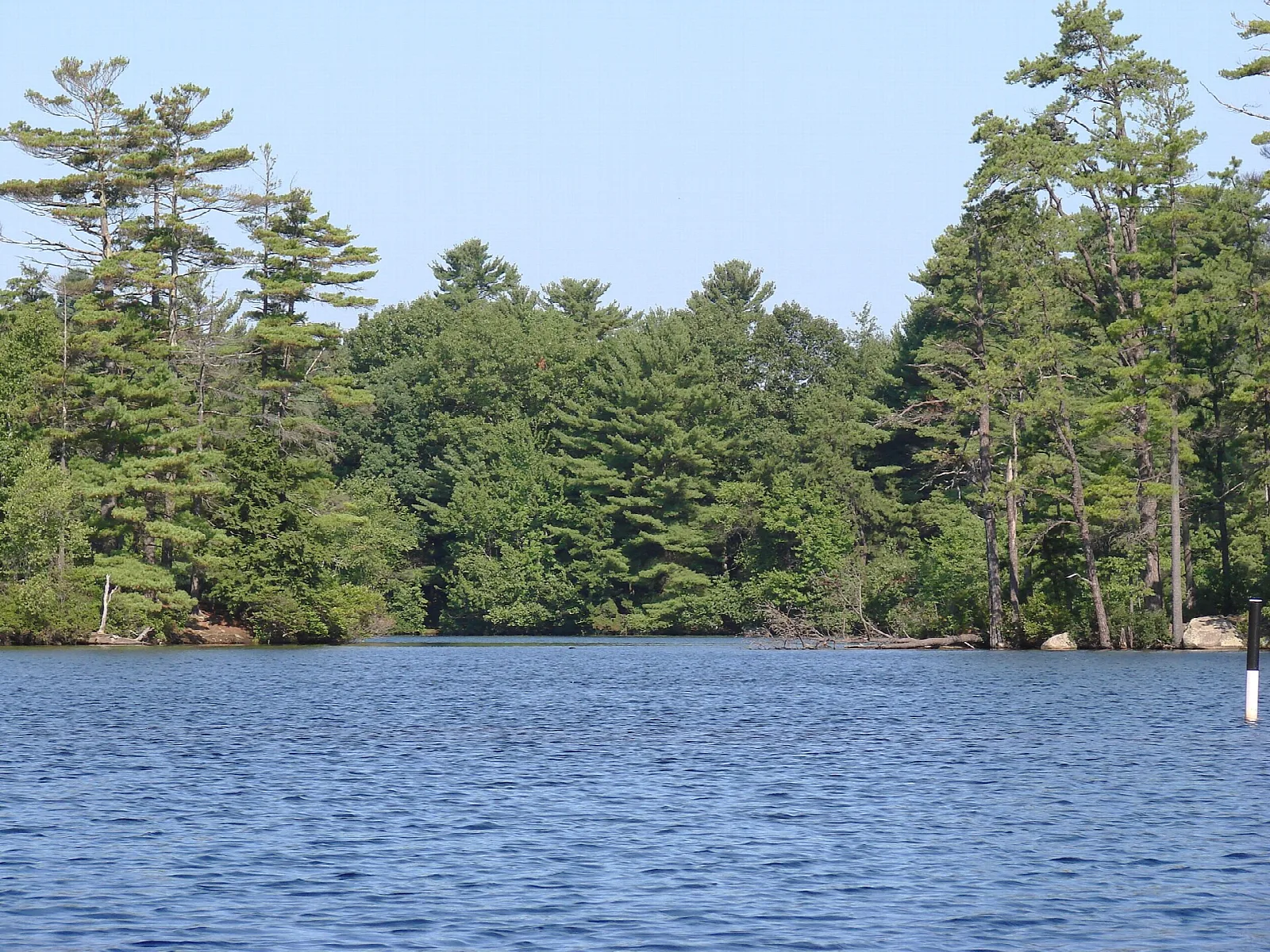 Calm lake with two small tree-covered islands on either side