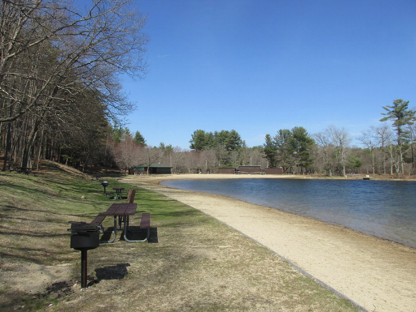 Grassy lakeside with picnic grills and a sandy path beside blue water