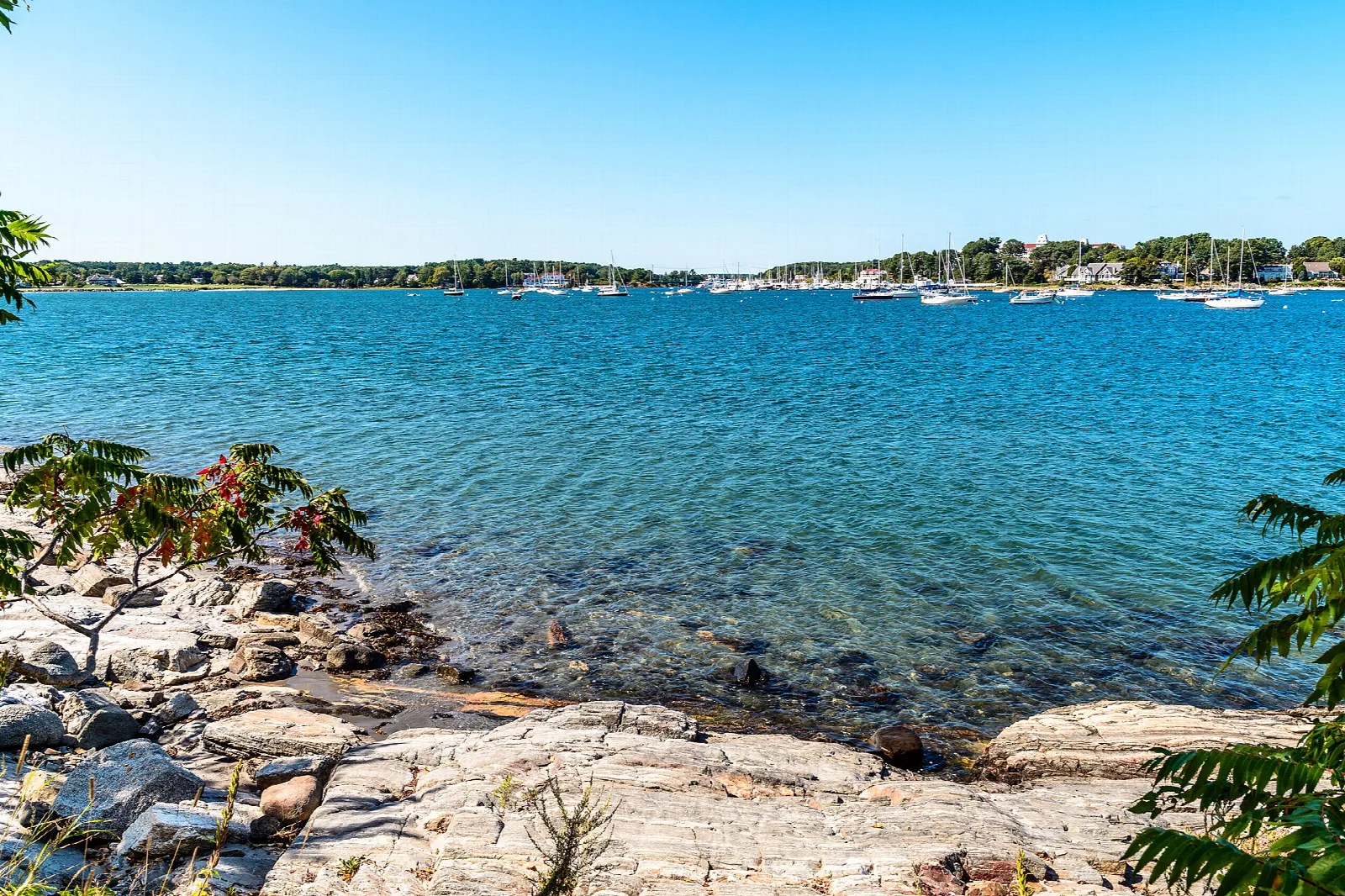 Clear blue water with a rocky shoreline and distant boats under a blue sky