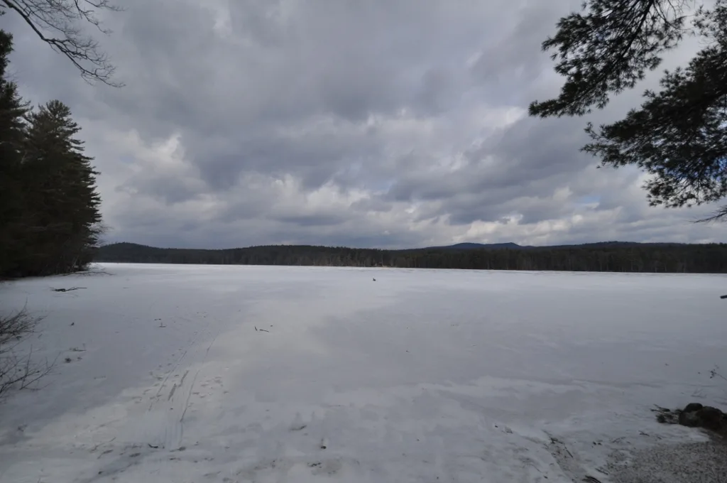 Frozen lake under a cloudy sky with a low tree-lined shore