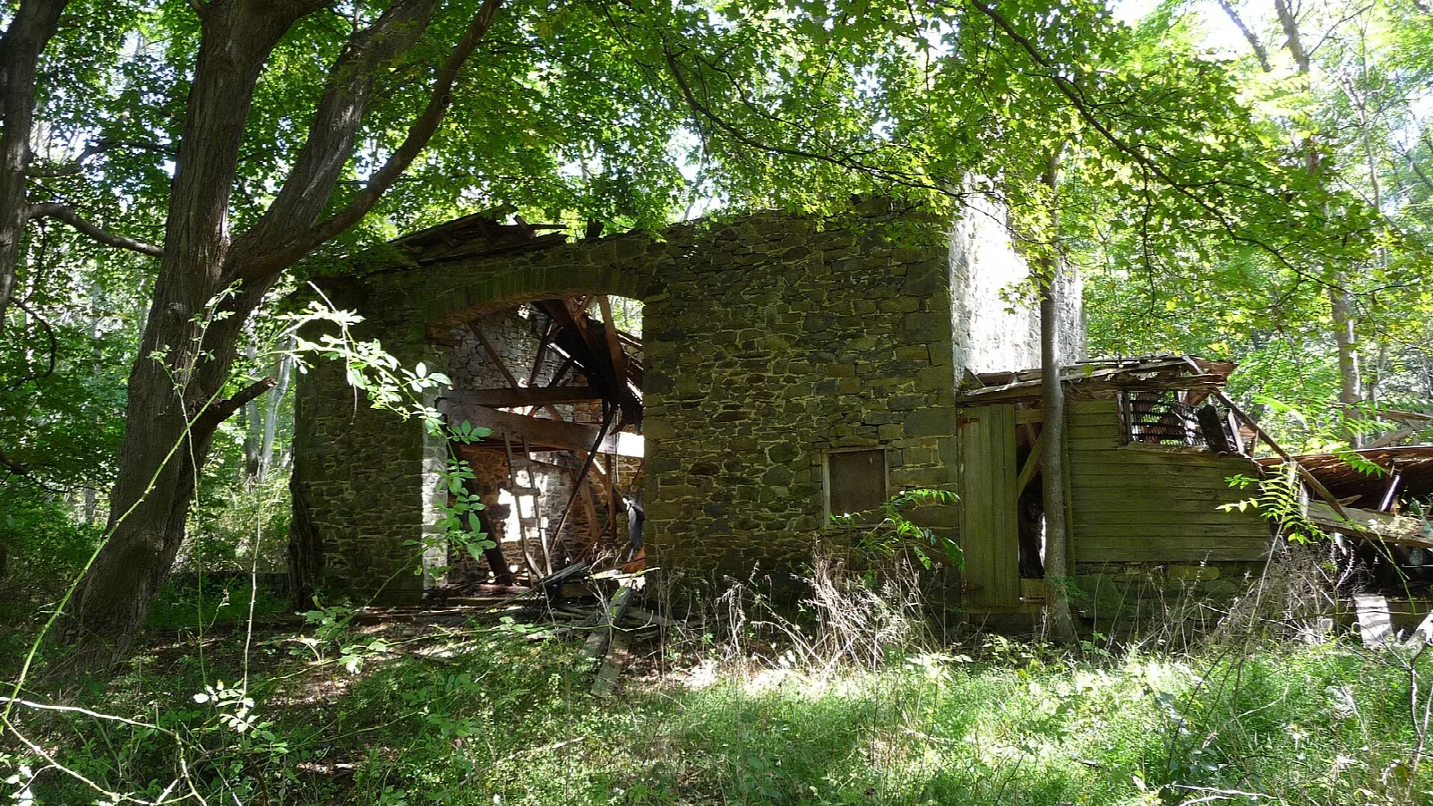 Ruined stone building with a waterwheel in the woods