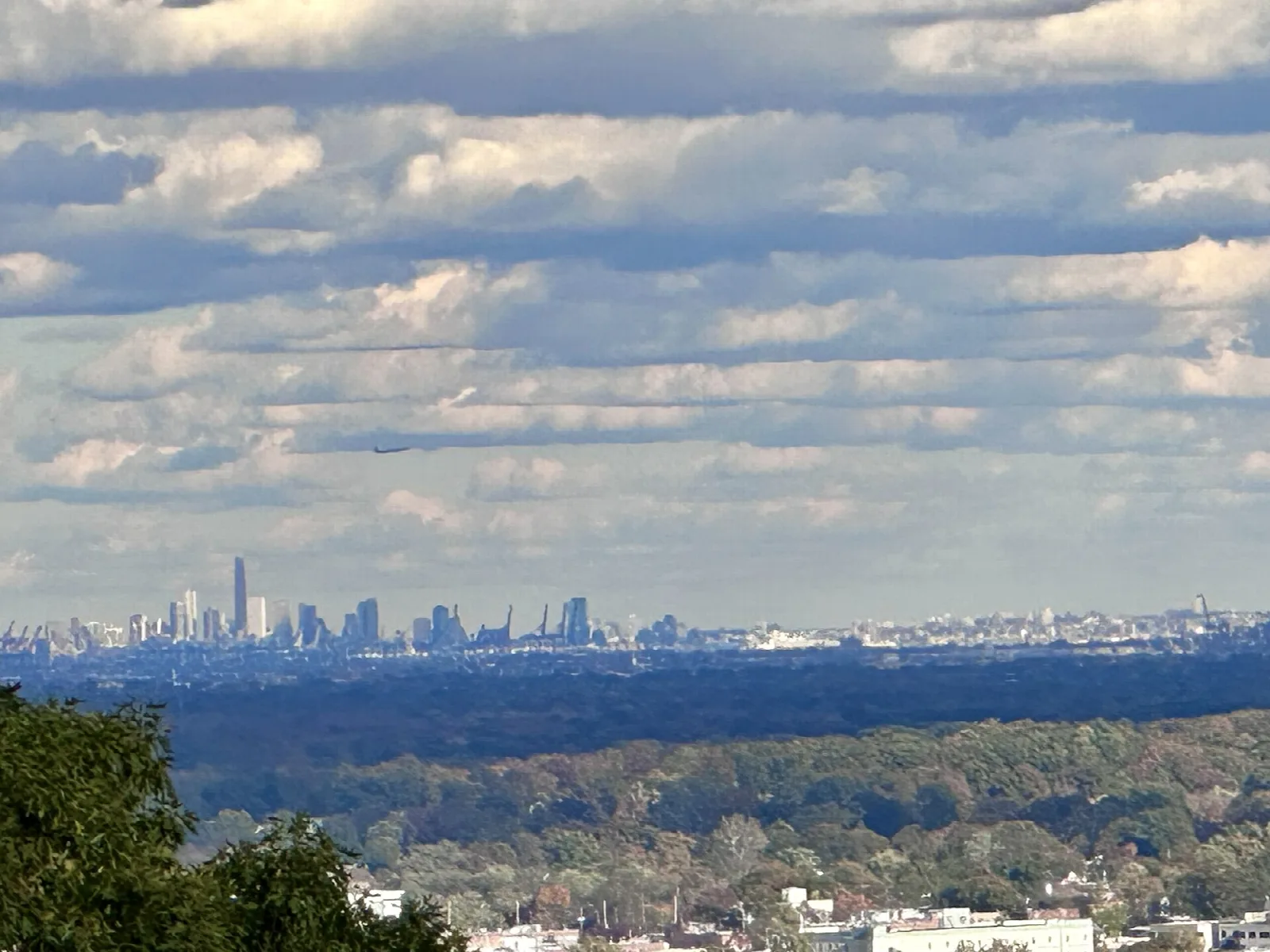 Distant city skyline seen over forested hills