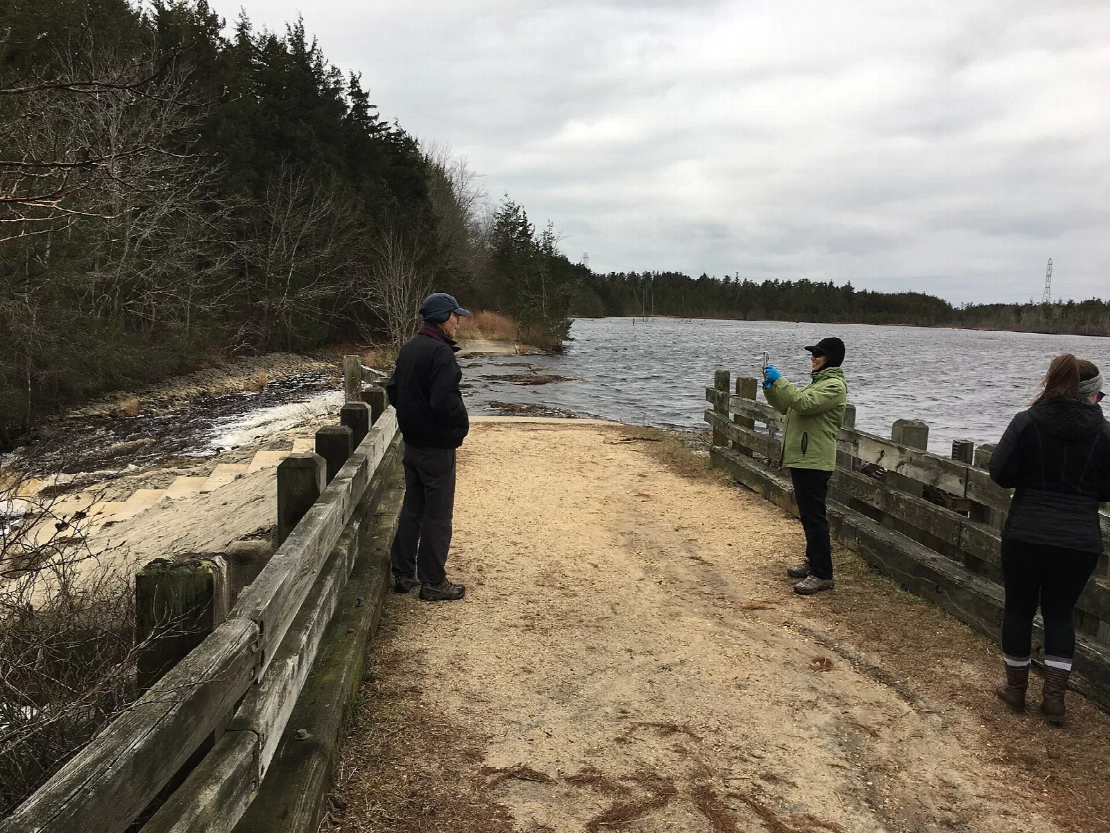 Sandy shore with a wooden fence beside a reservoir, pines beyond, and three people looking out