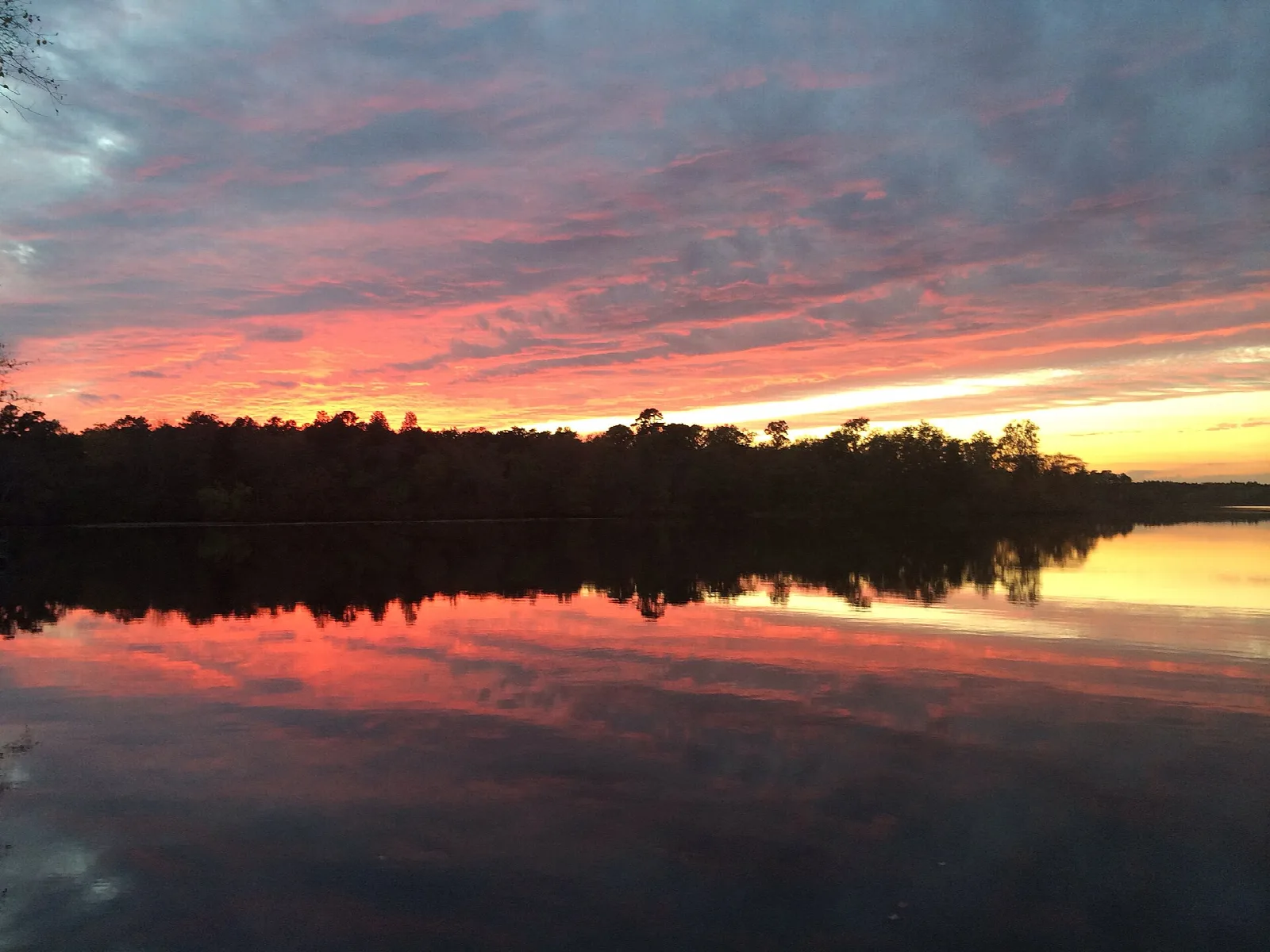 Pink and orange sunset reflected in a still lake