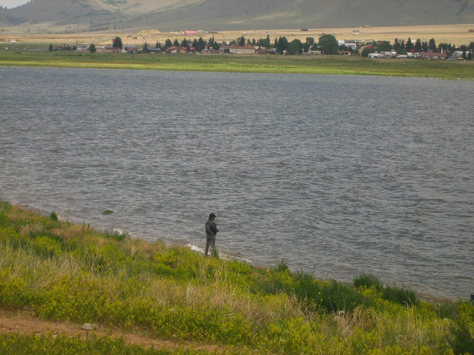 Person fishing from a grassy lake shore with a town far across the water