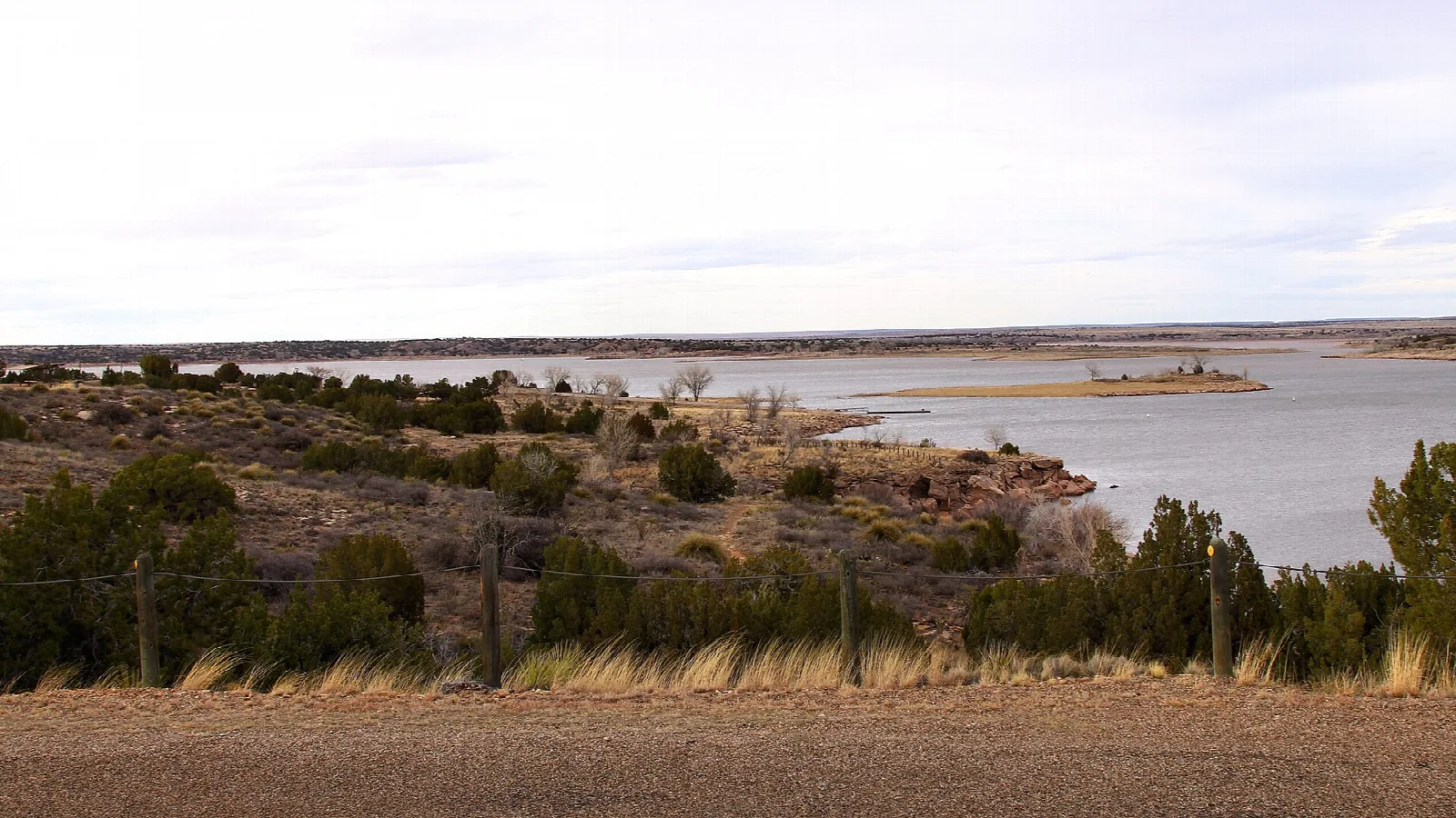 Lake seen over a rocky, shrubby shoreline under an overcast sky