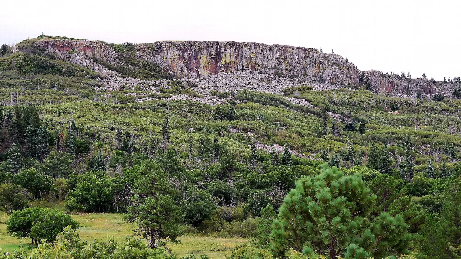 Colorful rock cliff above a grassy, wooded slope