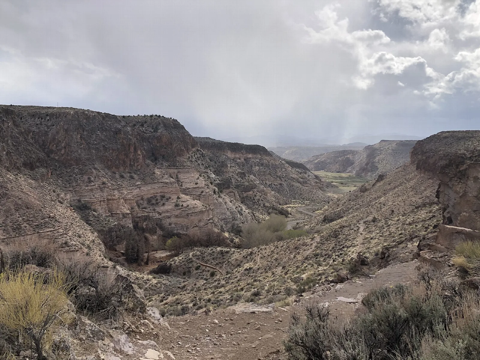 Rocky canyon with brush under a cloudy sky and rain in the distance