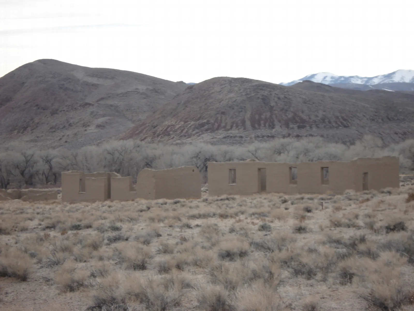 Low adobe wall ruins in sagebrush with brown hills behind