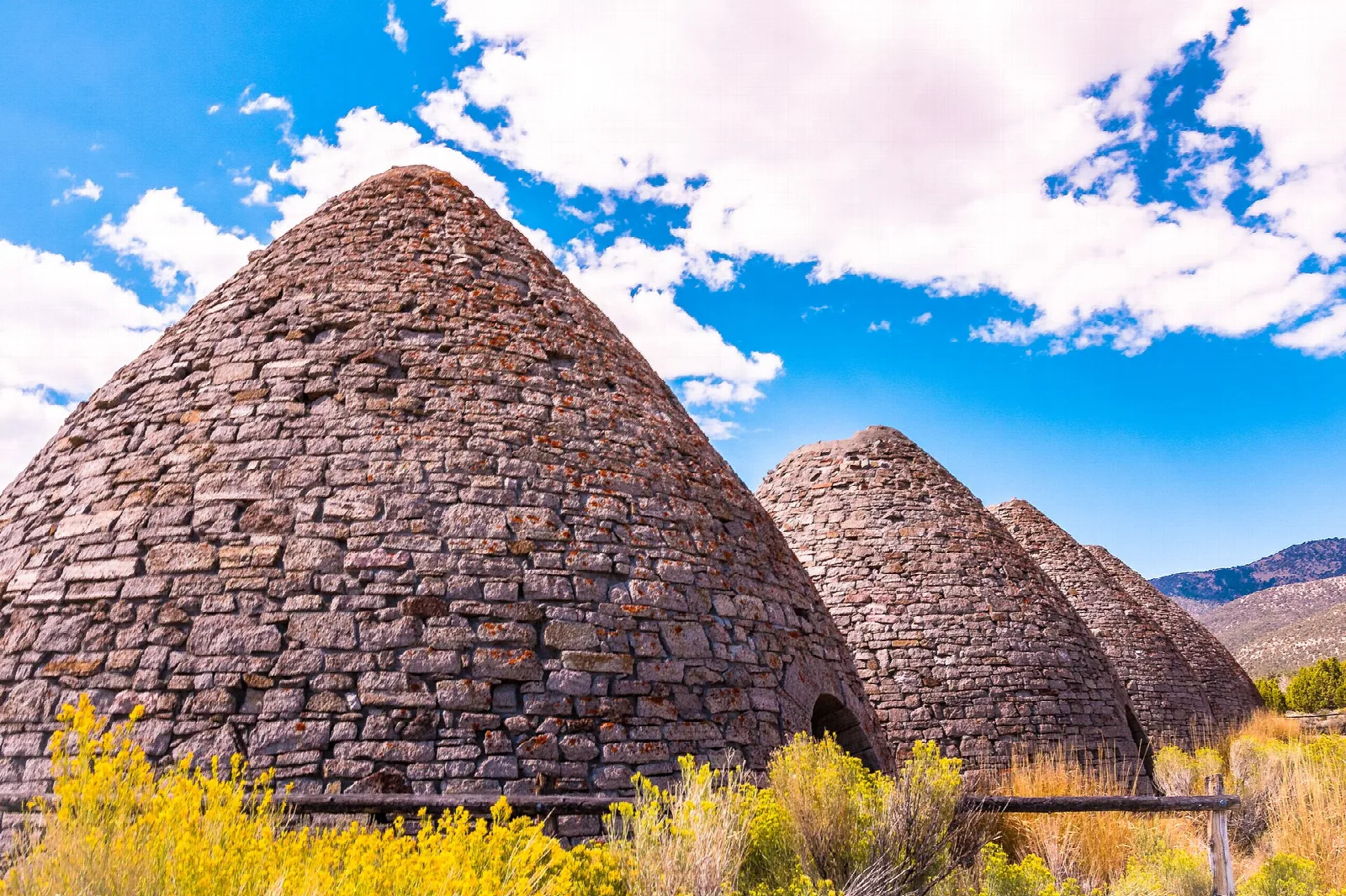 Large stone beehive oven in the foreground with yellow shrubs
