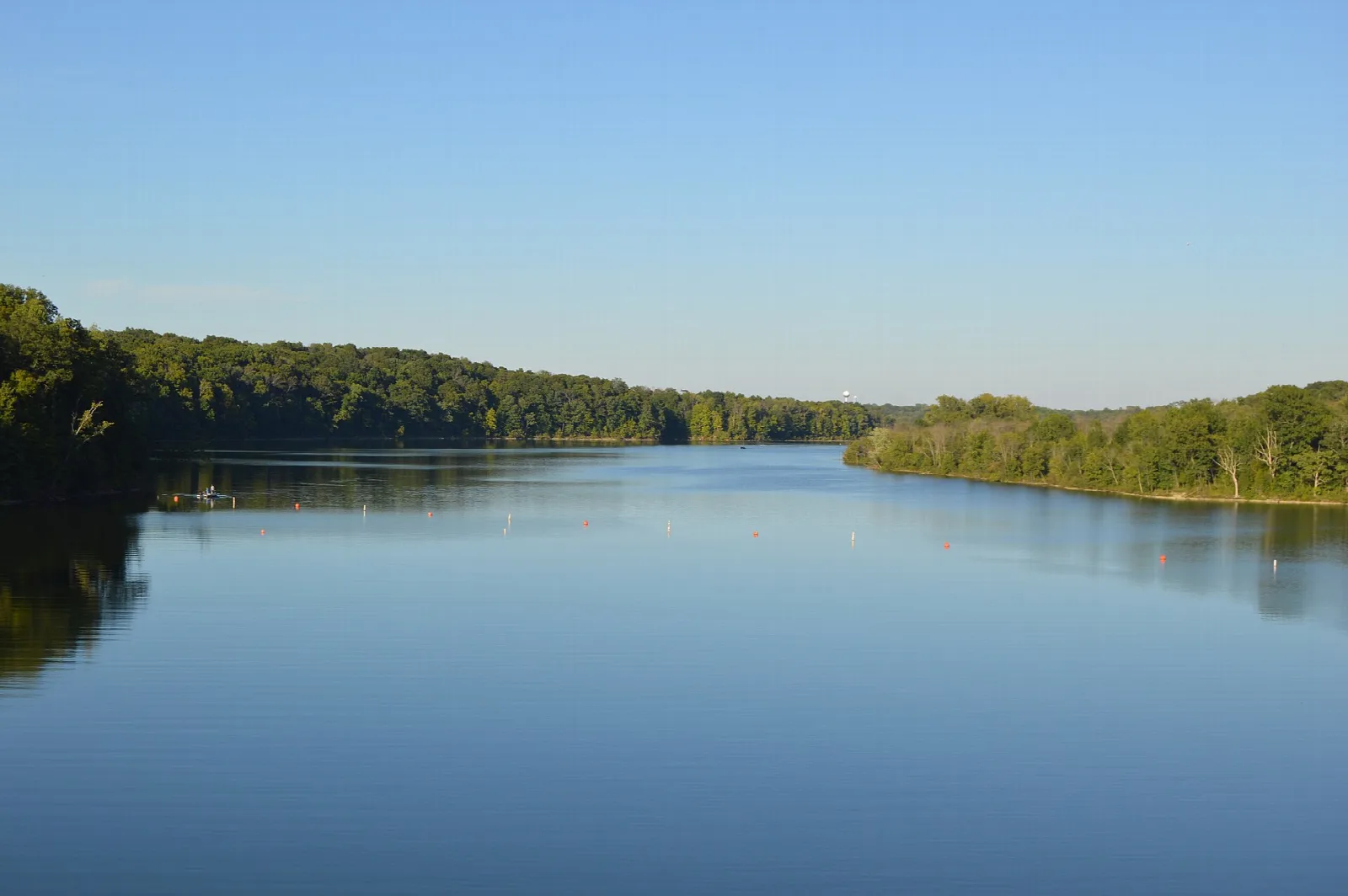 Wide lake with tree-covered shorelines under a clear blue sky