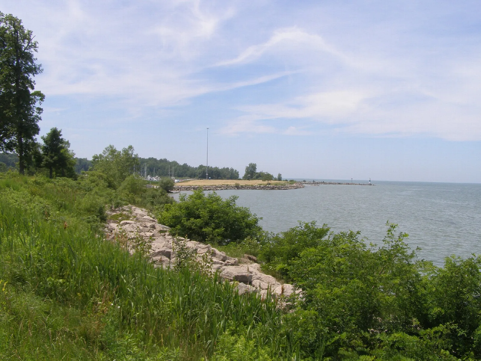 Rocky Lake Erie shoreline with green brush and a distant pier