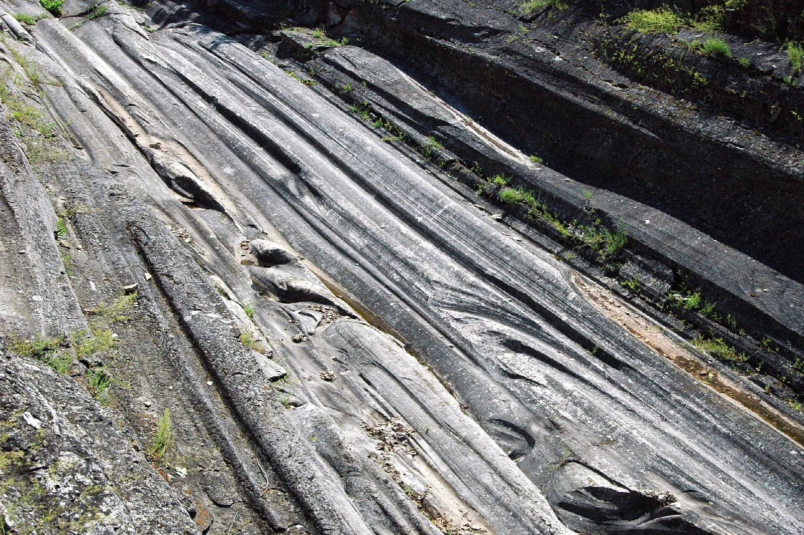 Parallel glacial grooves carved into gray limestone