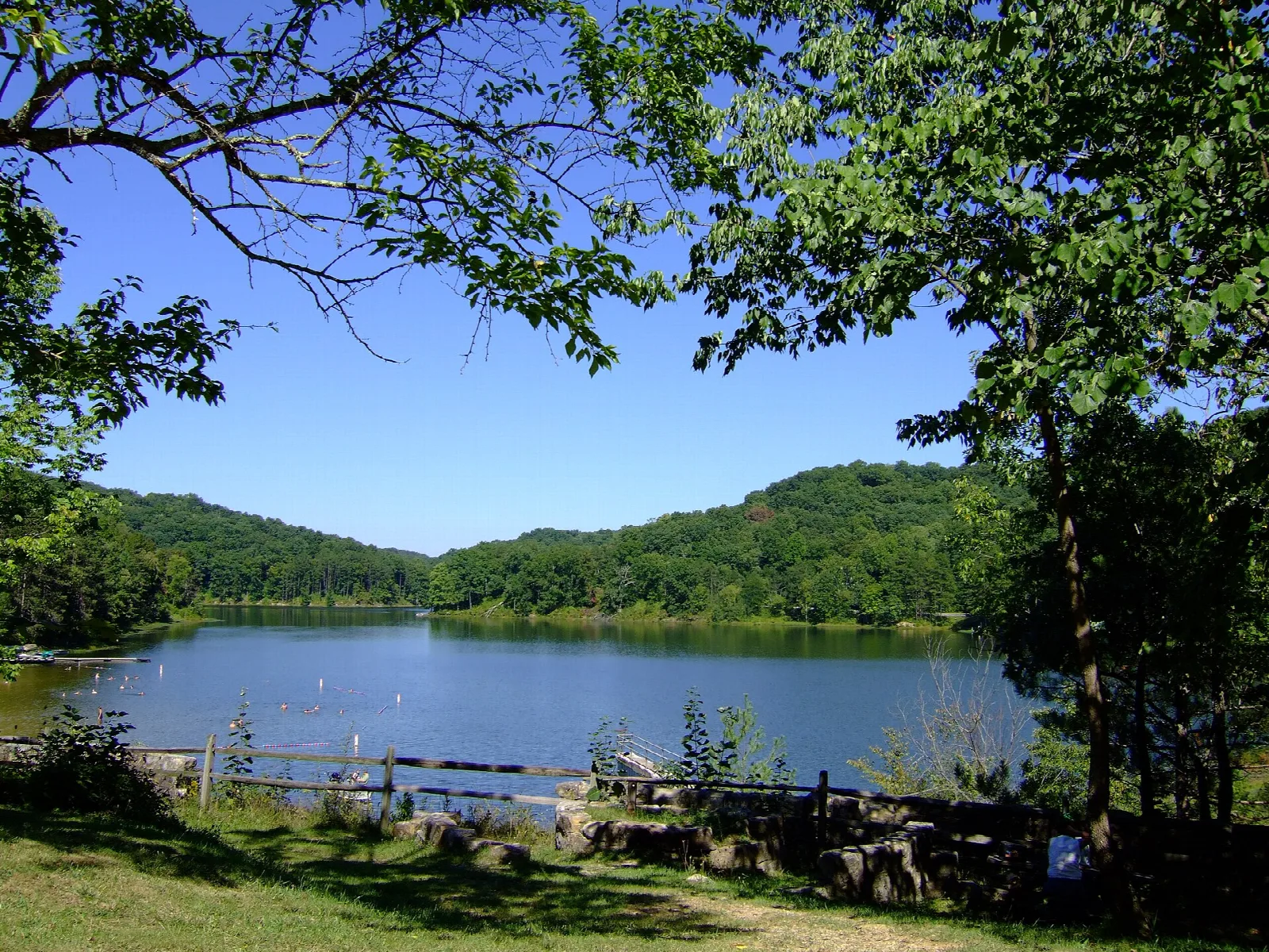 Lake seen through trees from the shore, with forested hills across the water