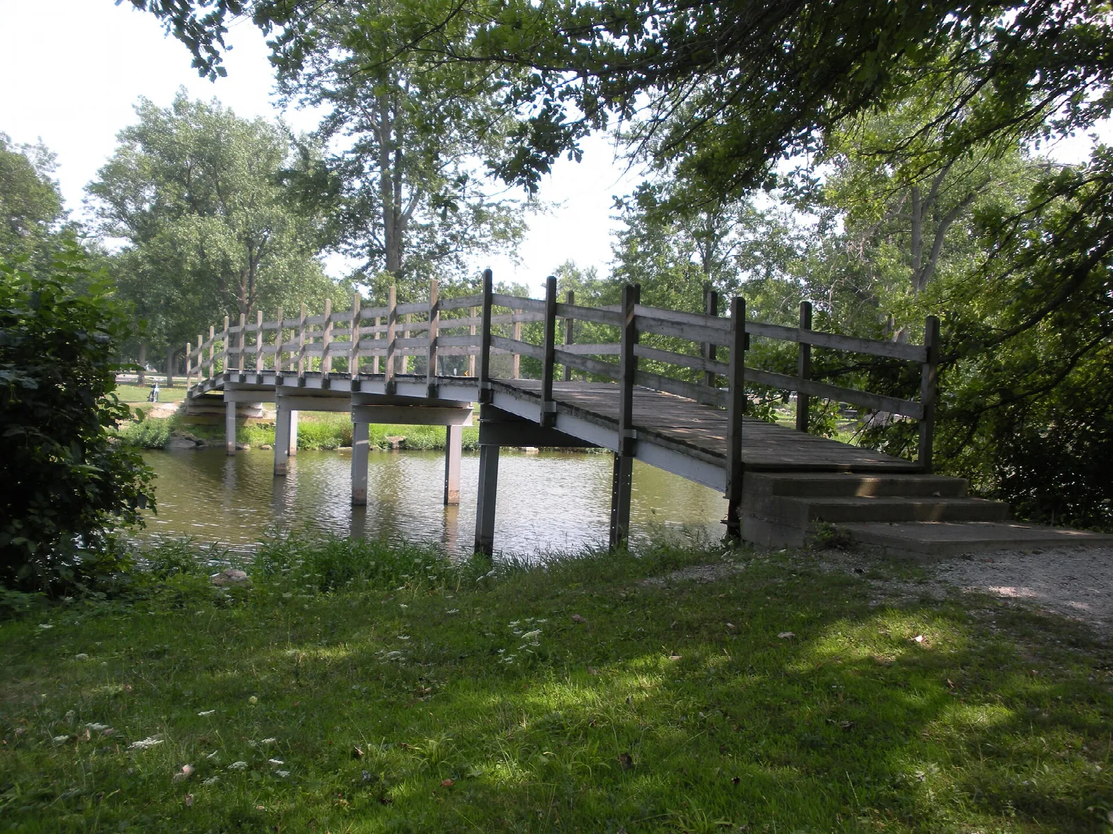 Wooden footbridge over water, with grass and trees in the foreground