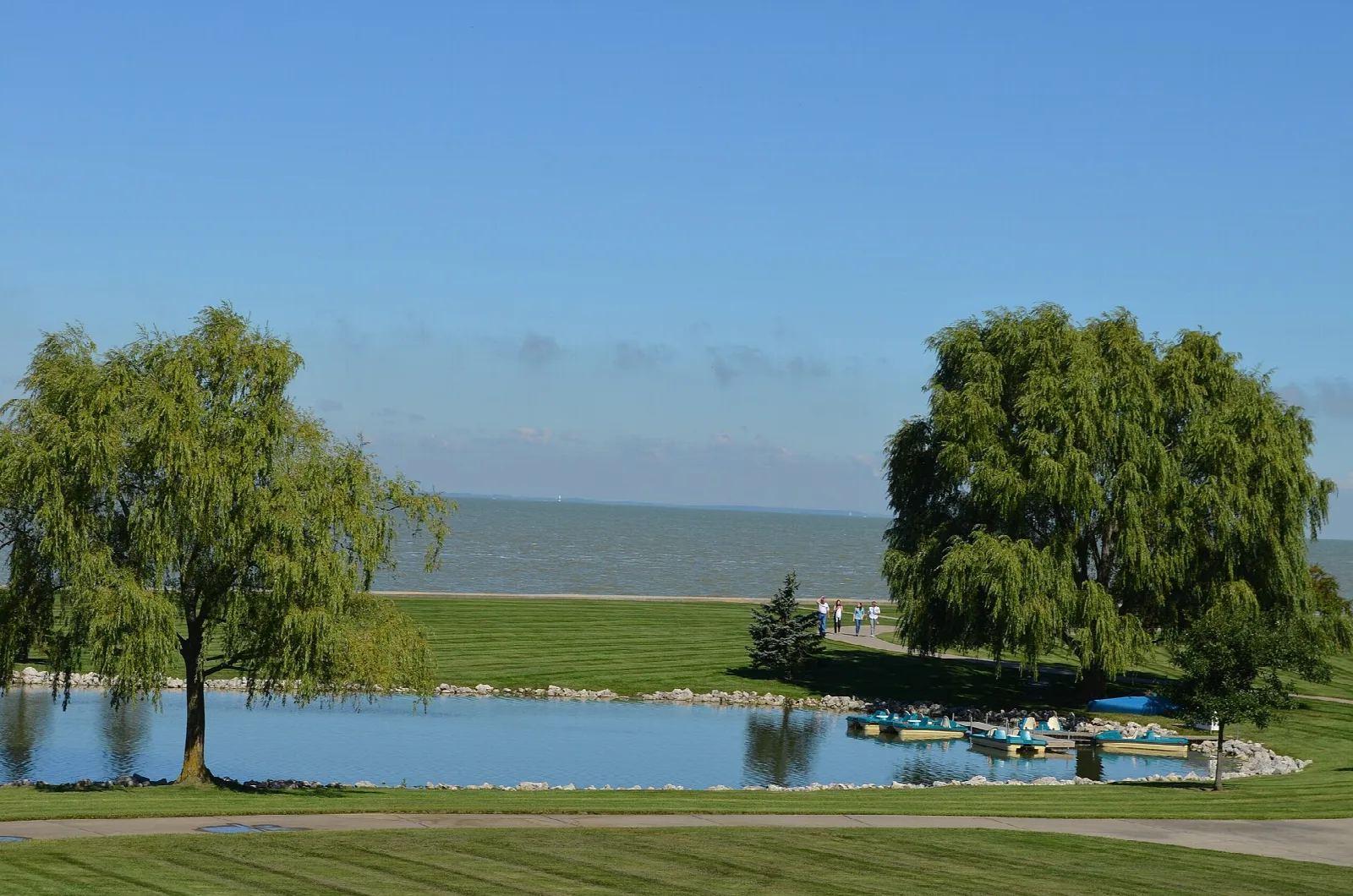 Pond with willow trees and a lawn leading to the lake under a blue sky